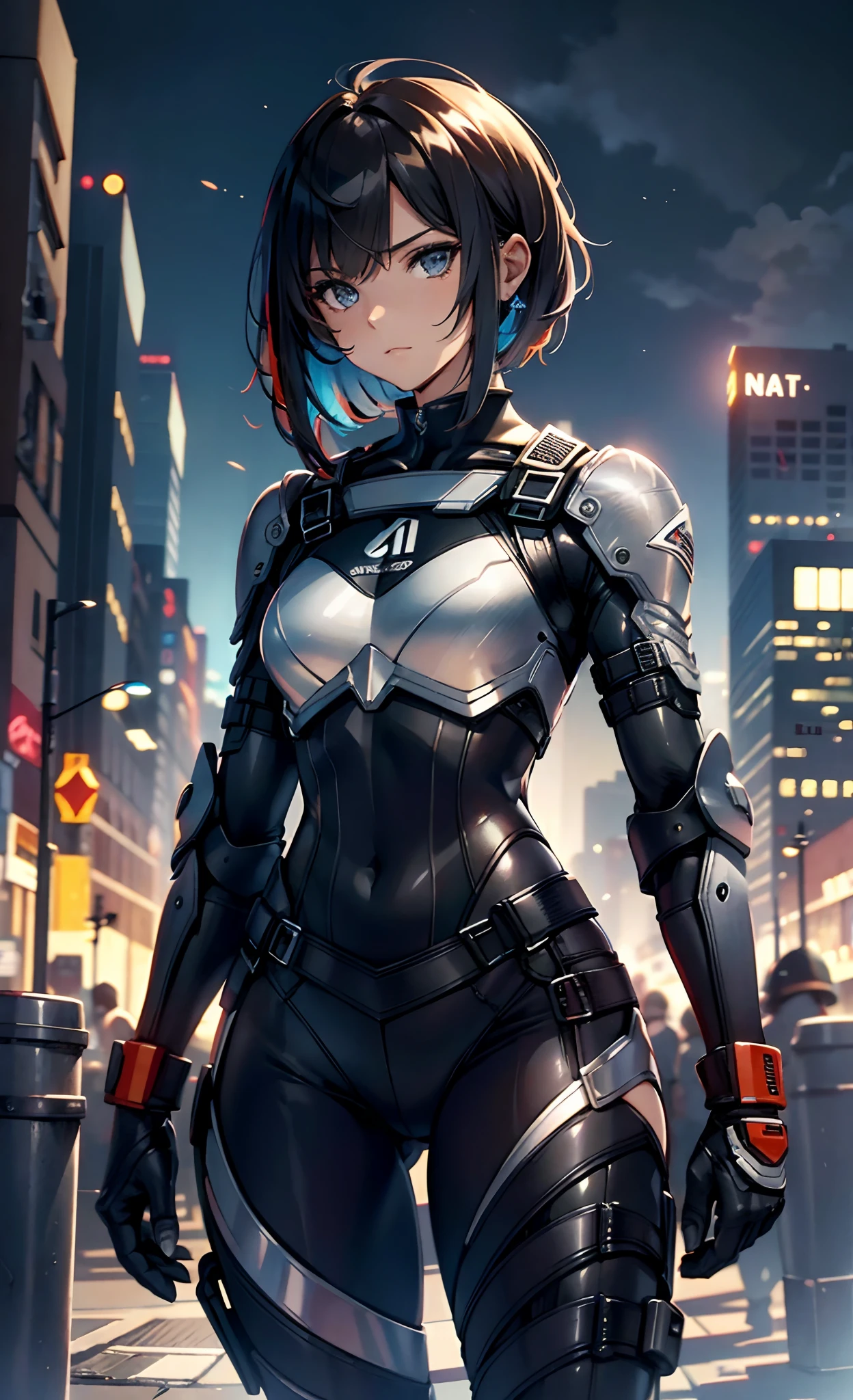 best qualityer,tmasterpiece,Ultimate resolution,downy,Extremely colorful,Colorful,Women combatants,a matural female,Black super short hair,Tight combat suit,tightsuit,Steel City background,the night,Normal posture,Normal posture