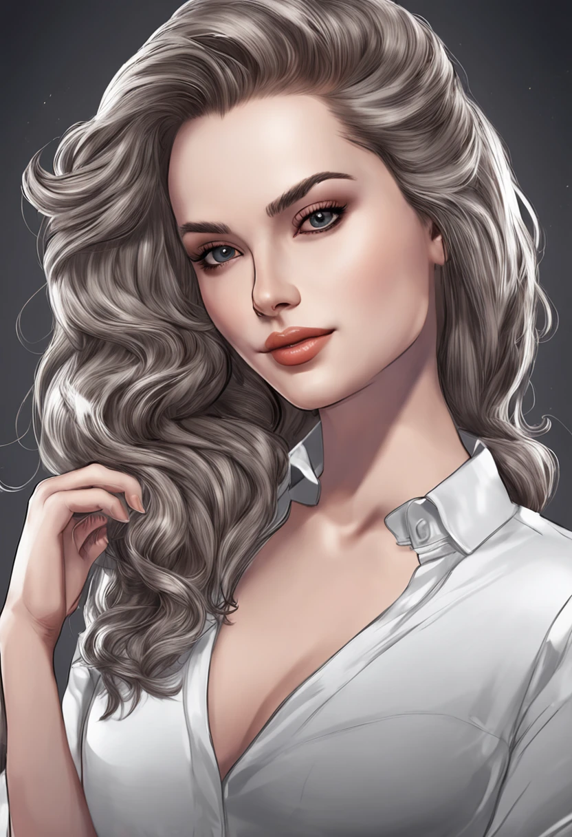1girl,solo,masterpiece,best quality,ultra-detailed,(brown hair:1.1),blowout hair,(detailed hair details:1.1),grayscale background,(outstanding hair color:1.1),realistic,realistic hair,photos taken with sony cameras,bright hair,(facing the audience:1.1),simple background,(hair is all on a shiny surface:1.3),fine hairline details,(hair highlights:1.2),(hairline highlight:1.1),(hair tip highlight:1.2),(half body photo:1.3),(upper body:1.2),(from the waist up:1.2),(slight gradient color:1.2),hair salon model,background with contrast to hair,(facial pores:1.2),(makeup:1.1),(flaw:1.3),(sharpen photos:1.2),