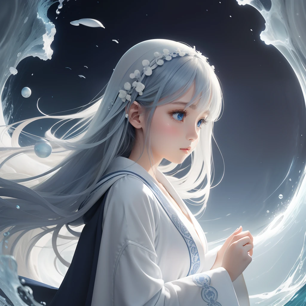 masutepiece, Realistic , Cute Girl, Delicate fantasy tones pale dull color glossy blue color, magic circles, Navy tones, Deep sea of white foam, robe blanche