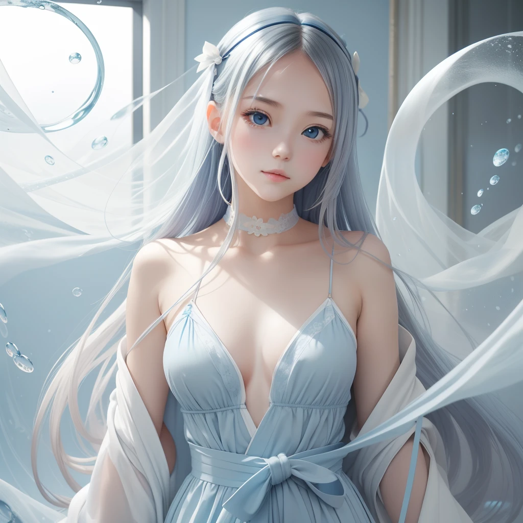 masutepiece, Realistic , Cute Girl, Delicate fantasy tones pale dull color glossy blue color, magic circles, Navy tones, Deep sea of white foam, robe blanche