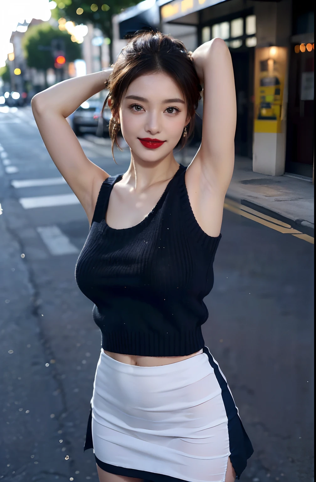 (Show underarms、A hyper-realistic、Armpit、Detailed armpit wrinkles、Detailed armpit pores、Realistic armpit skin、Side close-up、Black armpit skin、Black armpits、showing your whole body、Sexy white panties with only strings on the sides、Stand in the city、In town、in a street), (illustratio), (hight resolution), (8K), (ighly detailed), (The best illustrations), (armpit pose、beatiful detailed eyes), (top-quality), (ultra-detailliert), (masterpiece), (wall-paper), (详细的脸), (A smile、((A 40-year-old woman)),Show realistic armpits、Brown hair,short-hair、(Woman showing her armpits in a dark blue sleeveless sweater and white sexy white panties with only strings on the sides)), japanes,