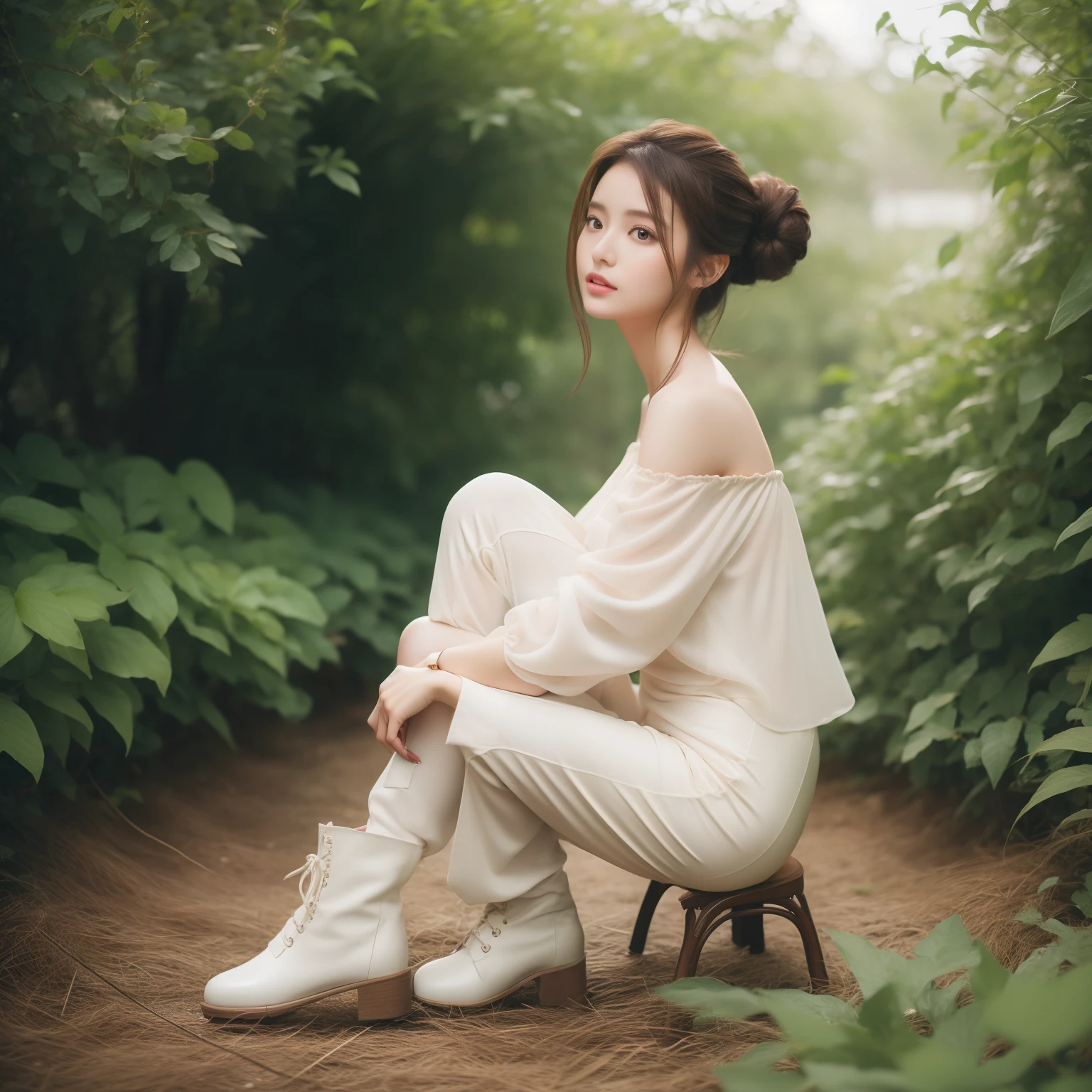 An award winning photography, 1 girl solo, editorial fashion photo, a Beautiful Japanese woman, layered buns hair, brown color hair, natural makeup, glossy lips, wearing open off shoulder blouse, wearing parachute pants, boots, at flower garden, natural lighting