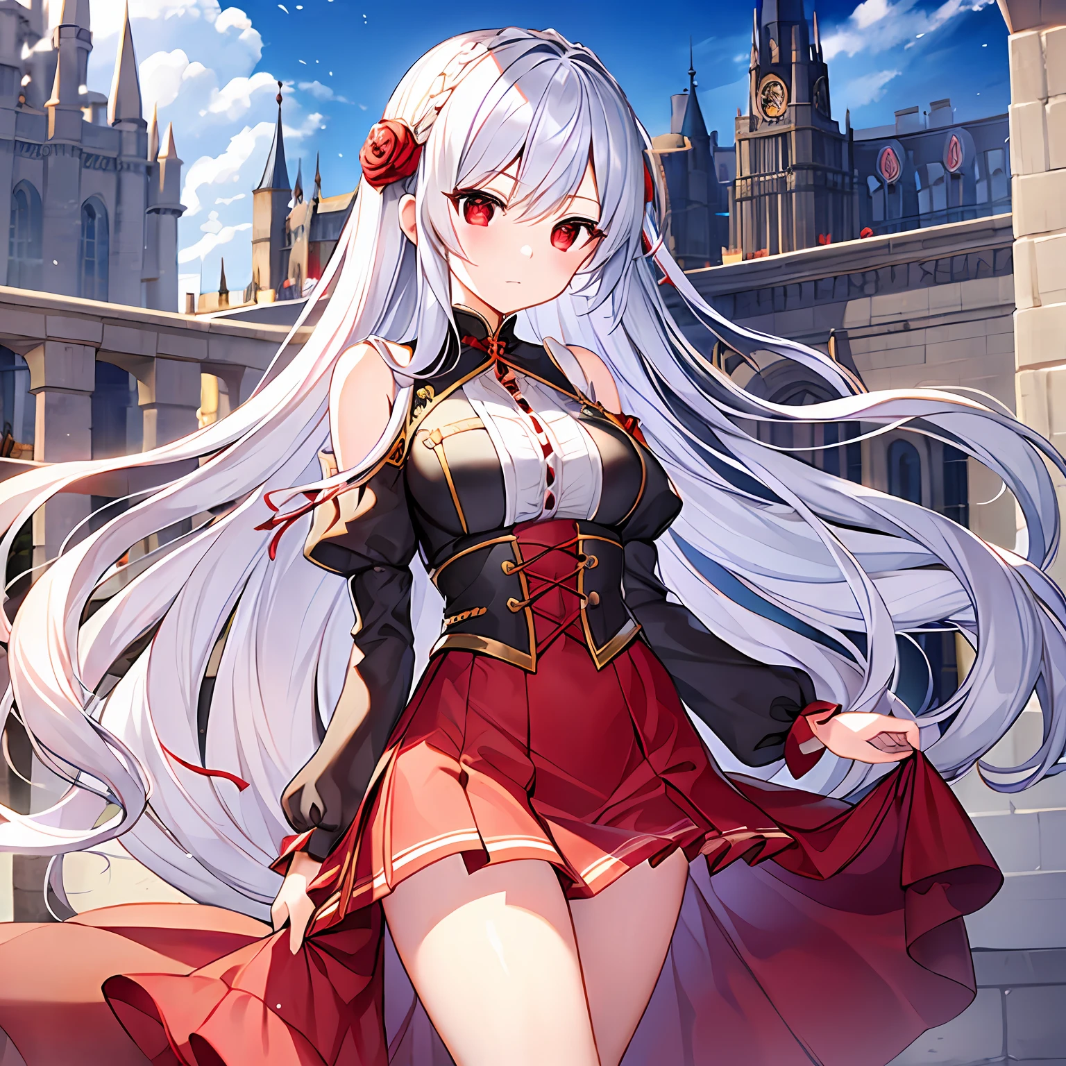 With long silver hair、red eyes、Beautiful girl alone、独奏、animesque、western clothes、off shoulders、a miniskirt、Castles、rose garden