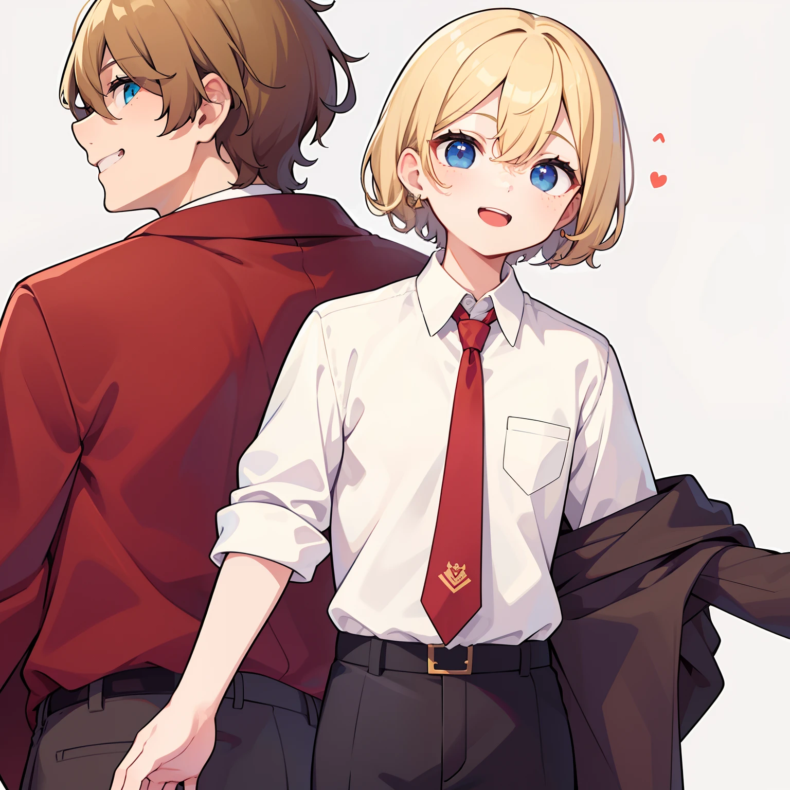 superfine illustration,Animated,1boy,Guy,man,Man's,Short hair,Curly hair,Parted bangs,hair between eye,Blonde hair,Short sleeve,half-pants,Brown pants,Smile,The upper part of the body_tusk,Blue eyes,White skin,White shirt,Red tie,Two back teeth,hitornfreckles, superfine illustration,Animated,The upper part of the body_Body,Guy,man,Man's,Short hair,Curly hair,Parted bangs,hair between eye,Blonde hair,Smile,The upper part of the body_tusk,Blue eyes,White skin,White shirt,Red tie,Two back teeth,hitornfreckles