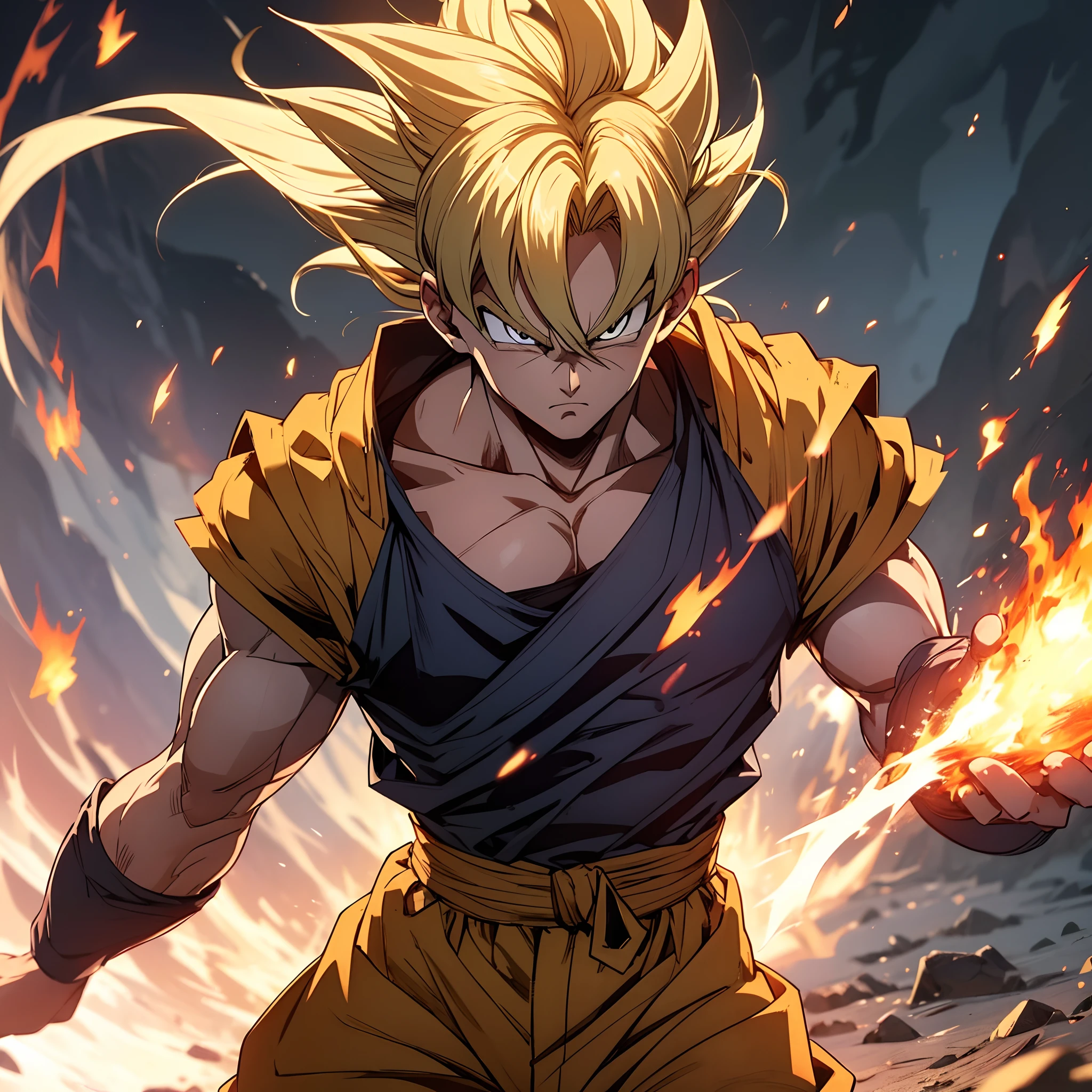 Let's create Goku with Fire characteristics, poder de fogo, A Saiyan with blazing flames and pyrotechnic skills, com uma aura de fogo.