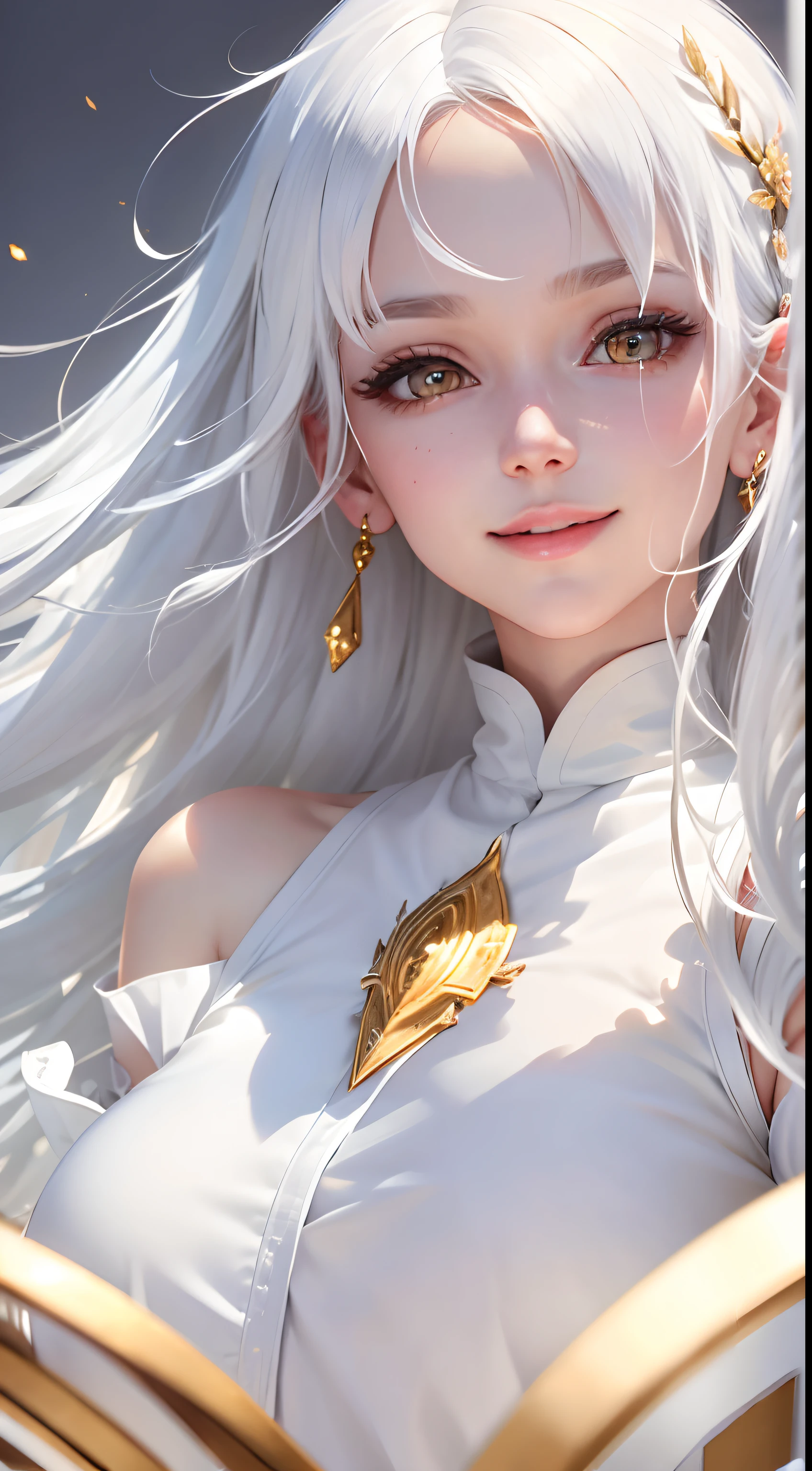 best quality, white hair, gold eyes, white clothes, looking up, upper body, hair strand, Fair skin, smiling