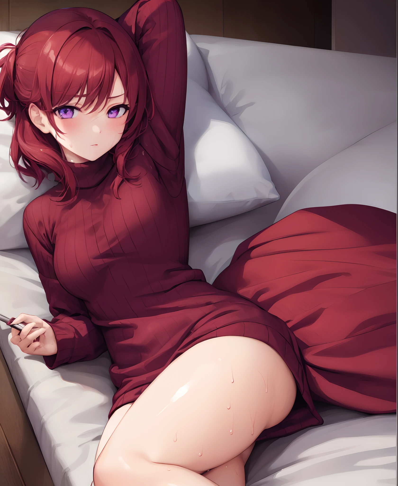 Nishikino maki, Purple eyes,((red hair)),open-chest sweater ,sweater, sweating,big breasts,sweat stain