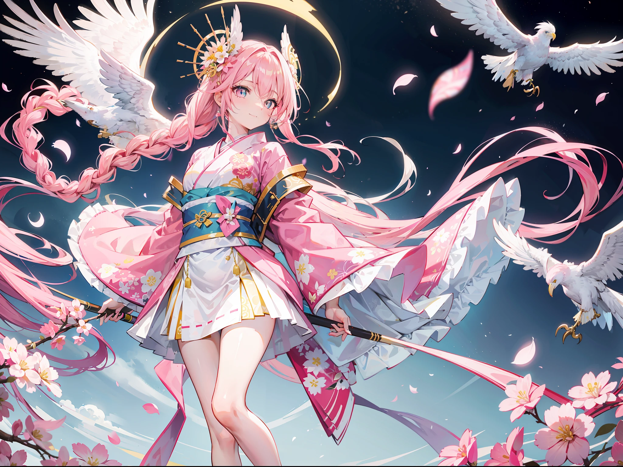 A beautiful pink-haired girl,Extremely long hair,Tie-double twisted braids,The hair color is white and pink,He wears a golden hairpin,Wear three small flowers on each side,Wearing a white and pink and gold kimono,The kimono is printed with a white eagle motif,Behind him is a cyan and gold cloak,The lower body is wearing white stockings,bare-legged,With a bright and healing smile,Stand in a radiant wonderland,Light pink pupils,Play with an extremely large white eagle,full bodyesbian
