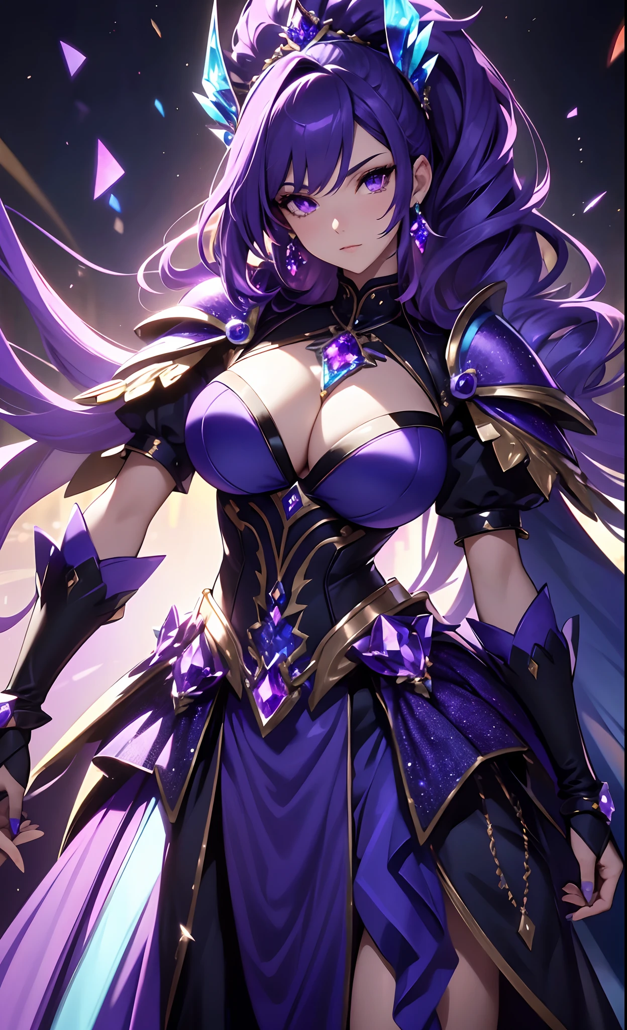 best qualityer,tmasterpiece,Ultimate resolution,downy,Extremely colorful,Colorful,Lady Knight,Royal Sister,closeup of face,Blue-purple armor skirt,Full body set with gemstones,amethyst,huge tit,(Short thin purple hair,High ponytail),Shield set with precious stones,jewelry,Pedras preciosas,Normal posture