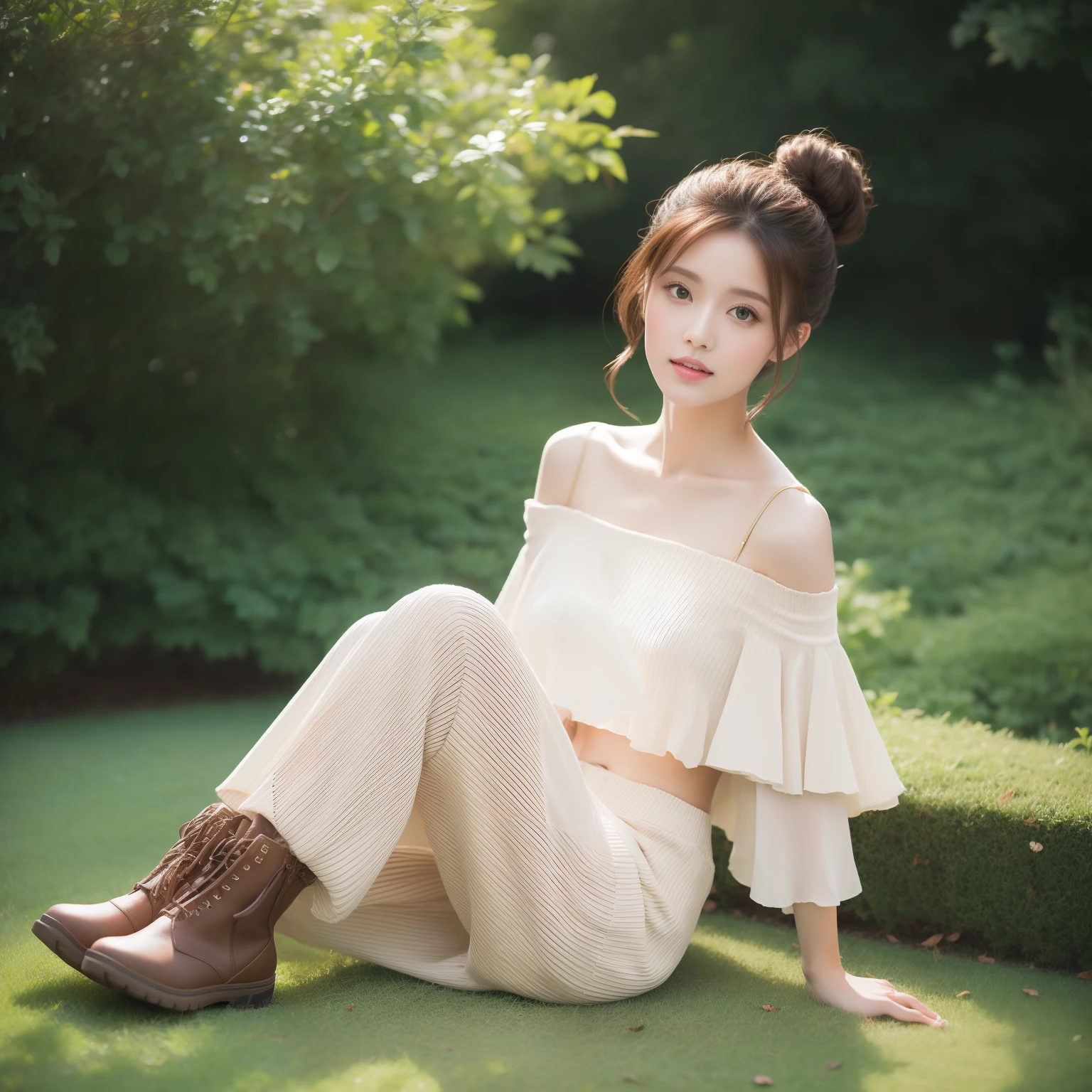 award winning photography, 1 girl solo, Edit fashion photos, a Pretty Japanese woman, Layered bun hair, brown hair, Natural makeup, Glossy lips, Wear an off-the-shoulder top, Wear parachute pants, Boots, In the garden, Natural lighting