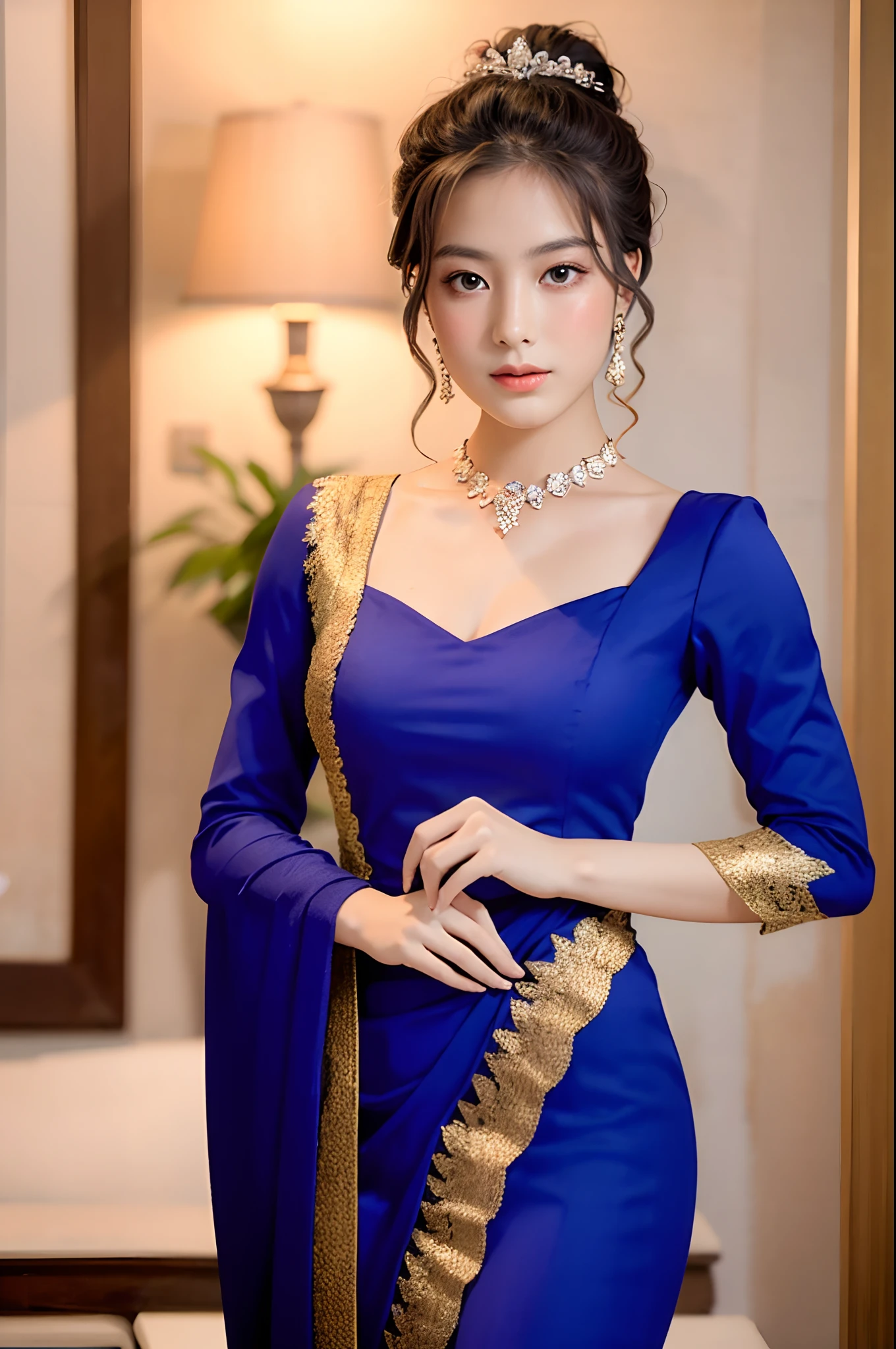 "Beautiful girl wearing elegant attire."