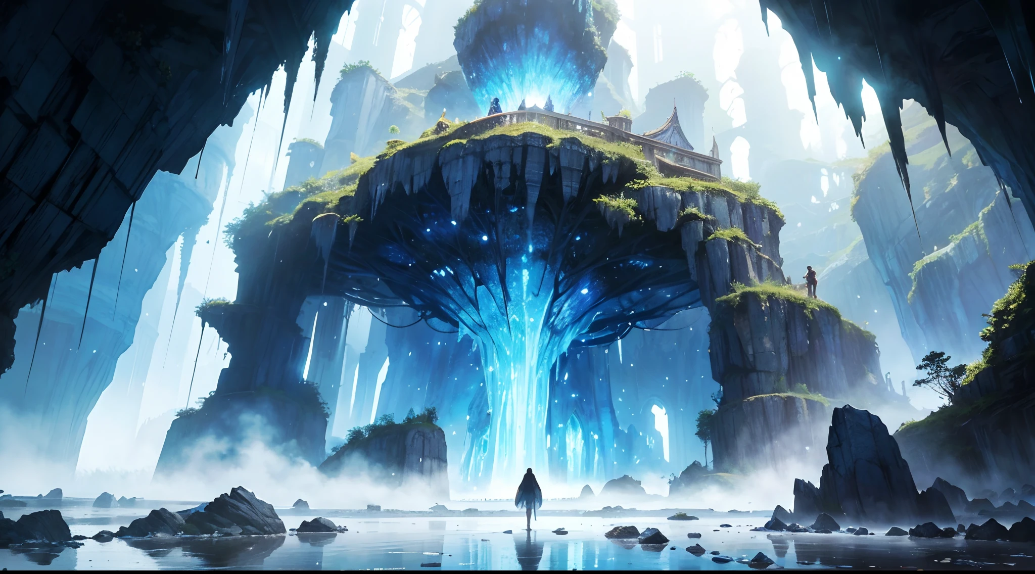 "(by Greg Rutkowski: 1.2), (masterpiece), (best quality), extremely delicate and beautiful, illustration, (fantasy landscape), A mesmerizing fantasy landscape with enchanting elements blending seamlessly. (Majestic crystal cave mine), huge crystal, adorned with vibrant blue hue glow reflecting off the surroundings. A sense of tranquility and wonder fills the air, inviting exploration and discovery, depth of field, HDR, intricate, delicate"