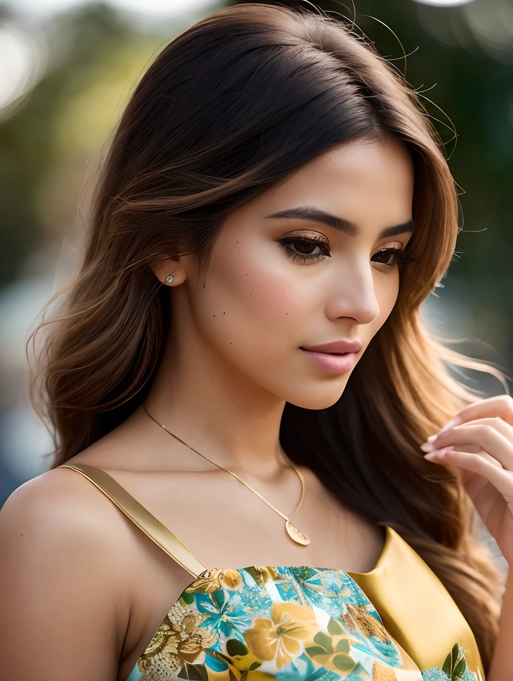Photo of stunning beautiful Brazilian woman supermodel, honey eyes, long messy windy light brown hair, Turning hair over, closeup zoomed in tight crop portrait, on foot (Runaway people in the fashion show scene々:1.2) wearing in (Fluttering floral hi-couture dress:1.3) (Expensive clutch bag in her hands:1.3) (Lighting-Gold:1.2) foreground objects background details (masutepiece:1.2) (Photorealistic:1.2) (Bokeh:1.2) (Best Quality) (colour grading) (Detailed skin:1.3) (Convoluted) (8K) (nffsw) (Cinematic lighting:1.3) (Sharp Focus), messy windy hair