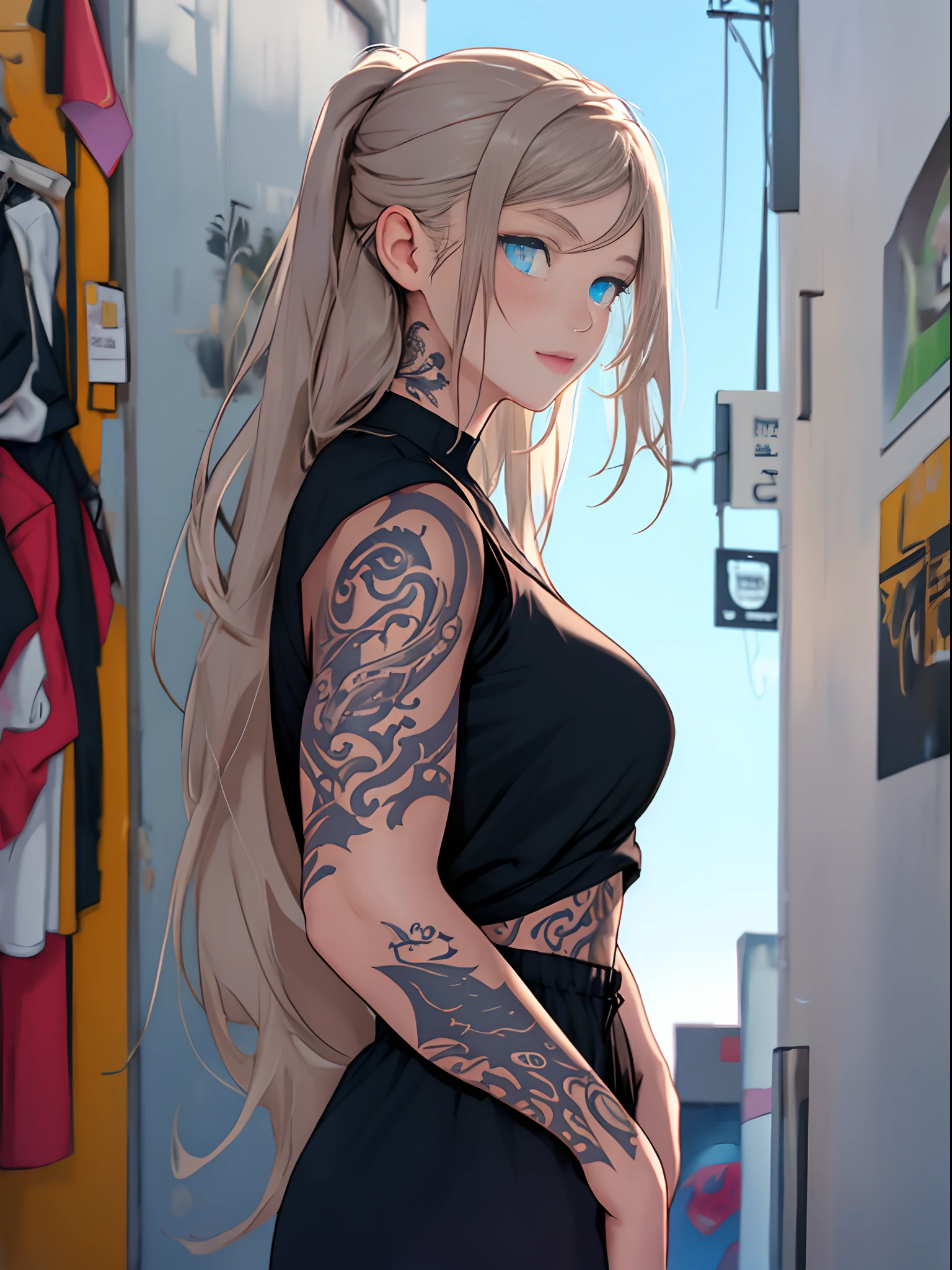 girl in short clothes with several tattoos on her body, long hair, blue eyes and black clothes