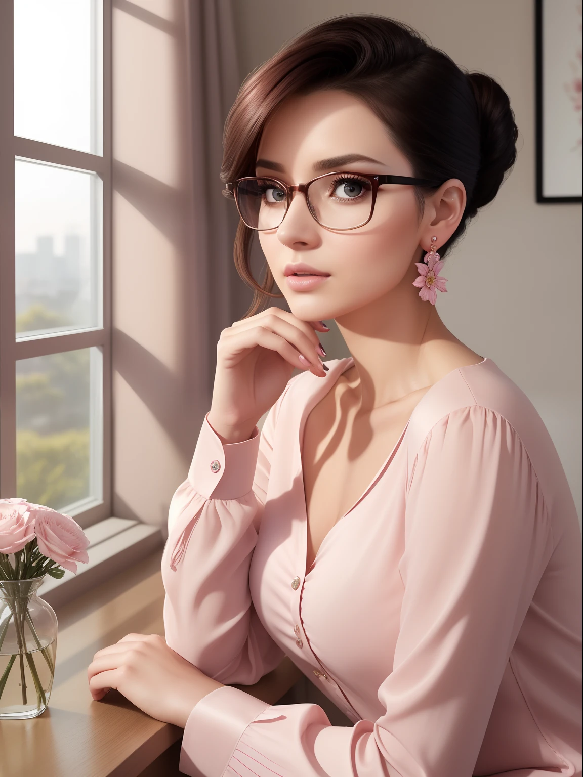 A cinematic image of Revealing-her-beauty lady with asymmetrical bangs, updo elegant hair, fantastic face, sensual lips, big detailed pink eyes, small nose, collarbone wearing delicate floral painted long sleeve shirt and glasses and earrings sitting pose. Office room, windows scenery. Side lighting, natural colors, afternoon, ultra realistic, hyper detailed.