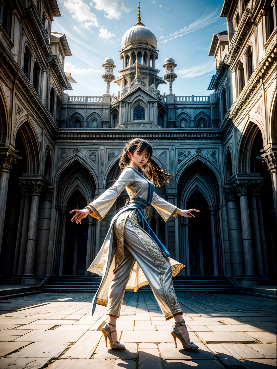 Realistic, Pakistan castle interior Legendary architecture environnement super detailed hyper realistic master piece. 18yo Japanese college student girl is dancing, her beautiful and cute face.