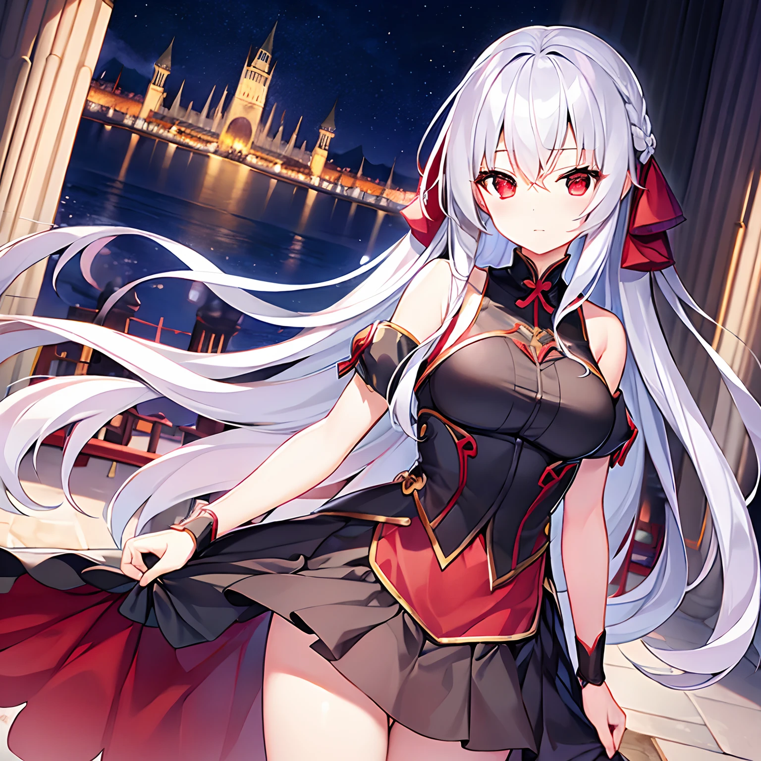 With long silver hair、red eyes、Beautiful girl alone、独奏、animesque、western clothes、off shoulders、a miniskirt、Castles、rose garden