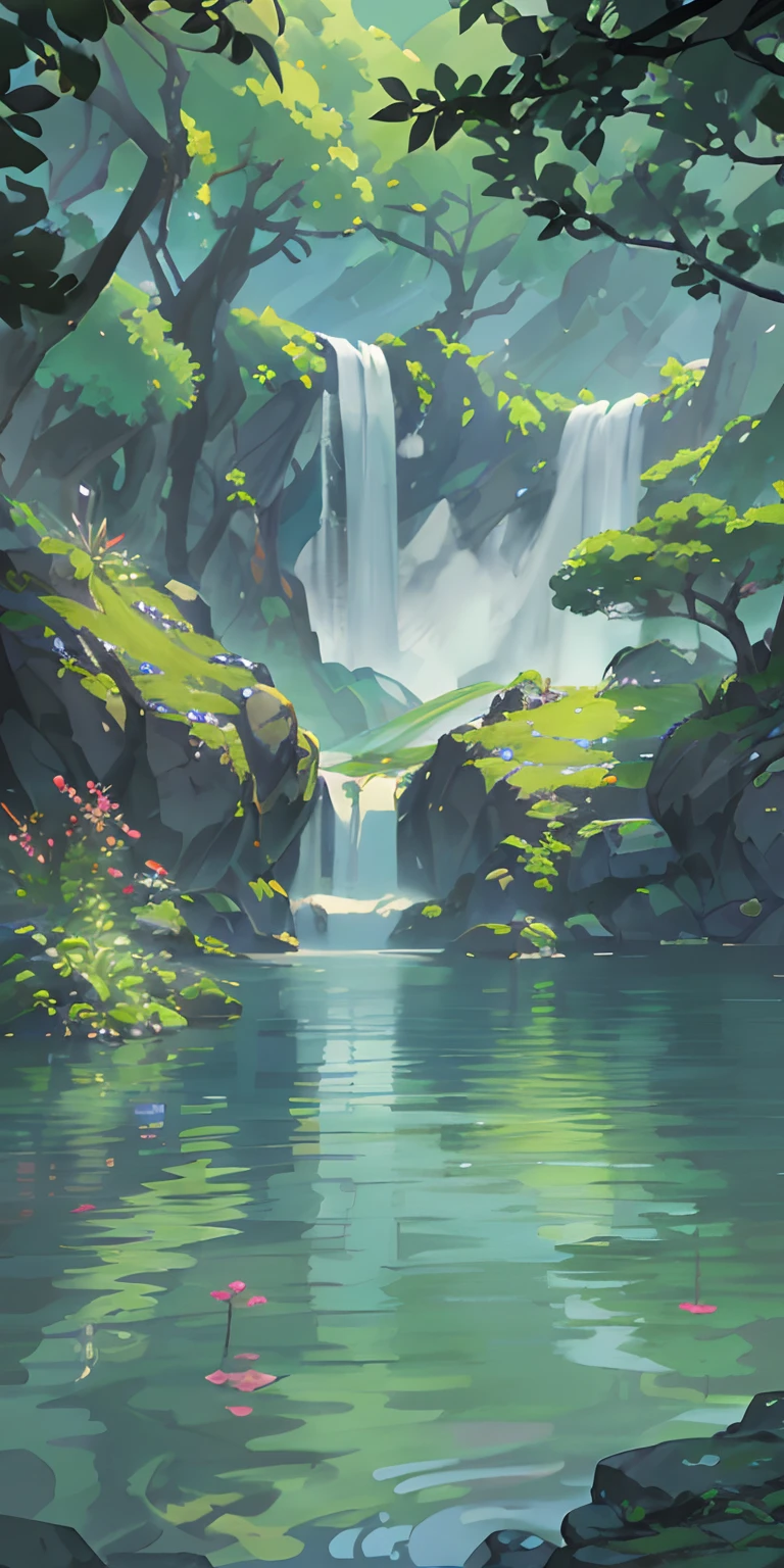 Chinese ancient times, spring, jungle, lake, cave, waterfall, tree, meadow, rock, deer, hot spring, water vapor, (illustration: 1.0), epic composition, realistic lighting, HD details, masterpiece, best quality, (very detailed CG unified 8k wallpaper)