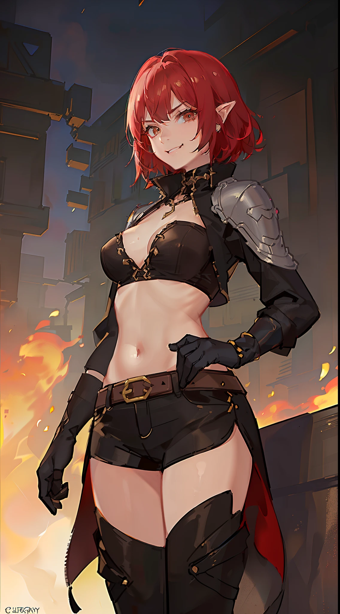 Adult woman, fangs, Orc, short brown hair, Punk hairstyle, Brown eyes, ciberpunk, The Monk of Street Fighting, brawn, smirk, Masterpiece, hiqiquality