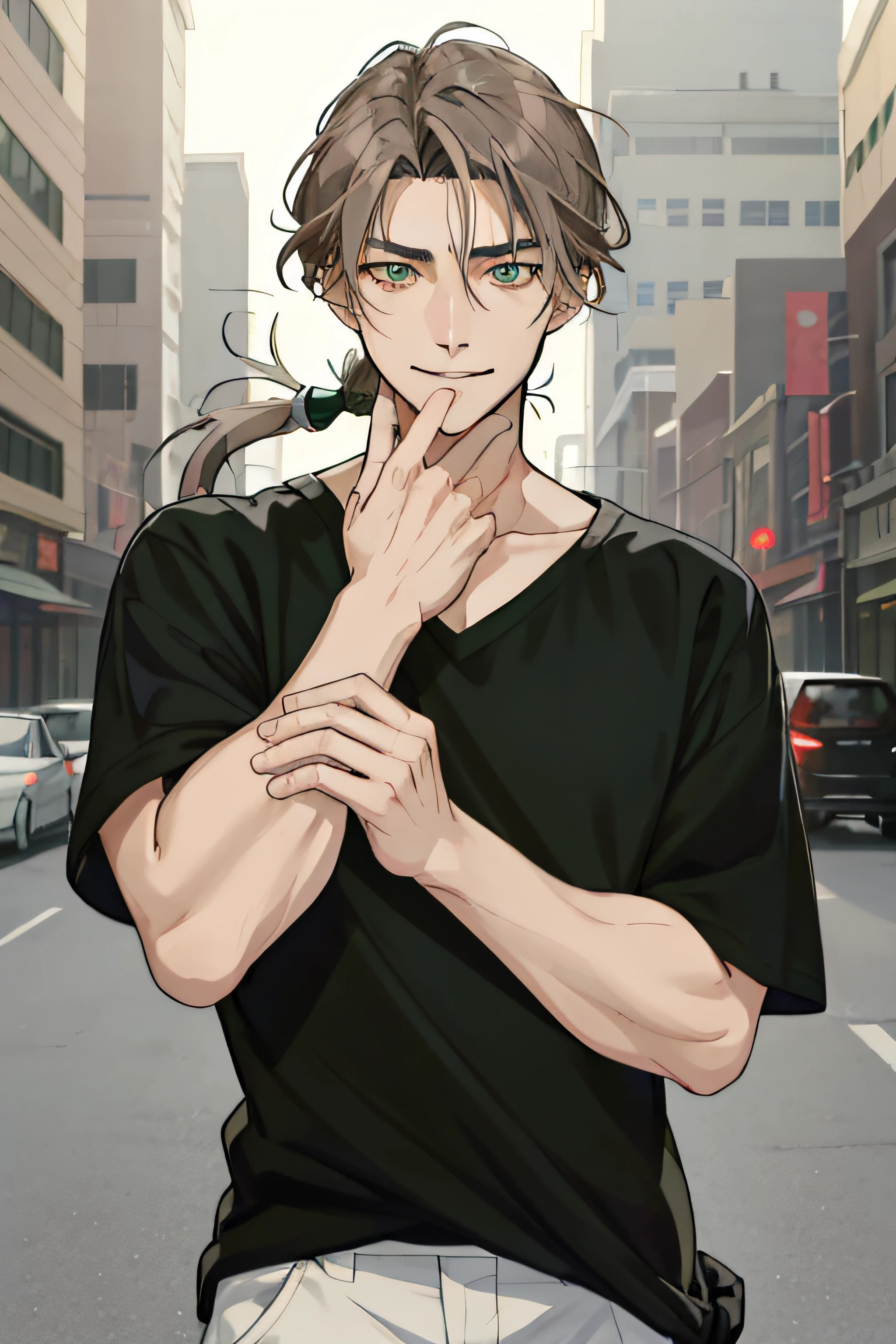Thin eyebrows、Tsurime、Anime - style image of a man with his hair tied into one, male anime characters,Dark green eyes, masterpiece、top-quality、a handsome、1 persons、a black T-shirt、Night Street、nightcity、street、40 years、male people、realisitic、Loosely tied hair、tthin eyebrows、dimples、middle aged man、brown gray hair、messy hair、Loosely tied hair、light smile、2 strands of bangs、slit eyes、thin eyebrows