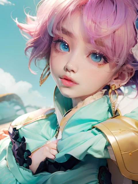 drooing eyes、hightquality、(Raised eyebrows),Mint green long-sleeved clothes、Big purple drooping eyes with arched eyebrows and pink short splashed hair,,,,,,,,、White shoulder pads、Blue bustier and black lace、Gold Earrings、Girl in mint green clothes with open chest