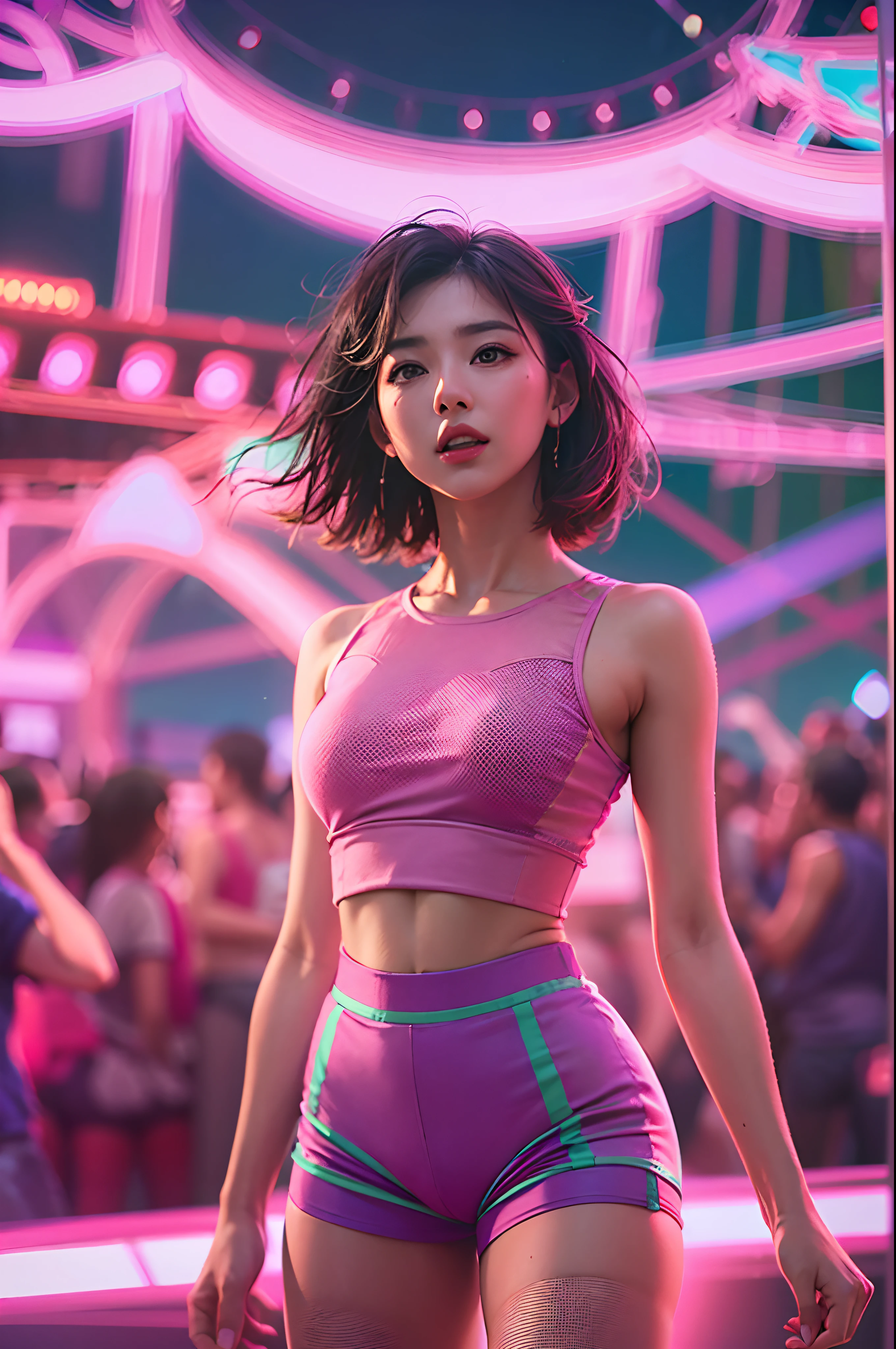 1girl, super beautiful girl, dream girl, wearing pink mini lycra shorts and pink crop top, ulzzang, dancing, in the background a concert in an amusement park, lightning in the sky, ultra details, ultra realistic, cinematic , octane render, 16k