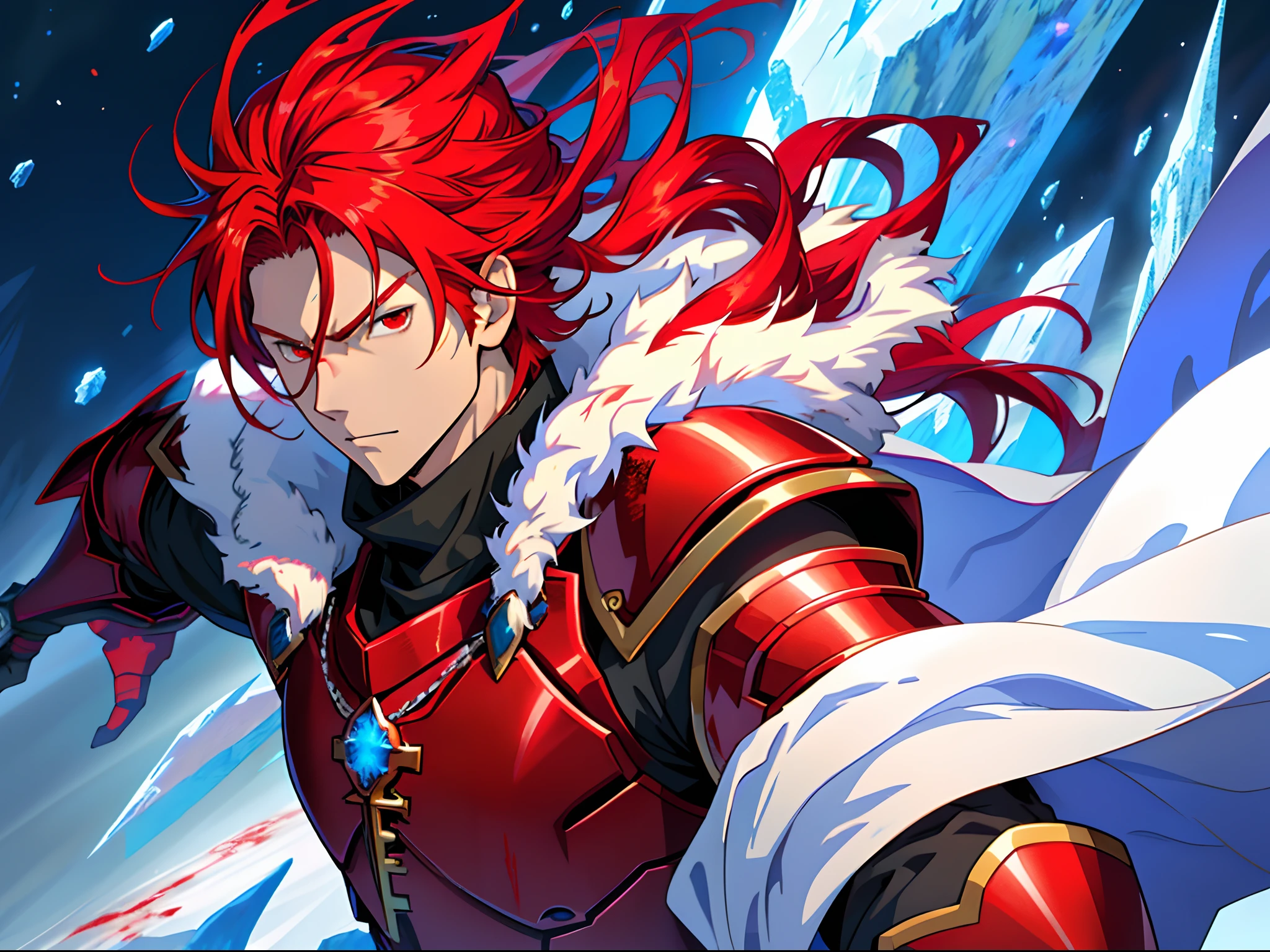 Anime characters with long red hair and red eyes in snowy landscapes, Ice Mage,Tall anime guy with red eyes, freezing blue skin, Key anime art, Kazuto Okada。, male anime character, Ice crystal armor, Detailed key anime art, full portrait of magical knight, Red and blood-colored armor, with ice powers