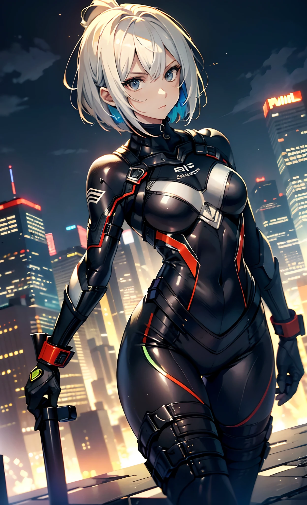 best qualityer,tmasterpiece,Ultimate resolution,downy,Extremely colorful,Colorful,Women combatants,a matural female,Black super short hair,Tight combat suit,tightsuit,Steel City background,the night,Normal posture,Normal posture
