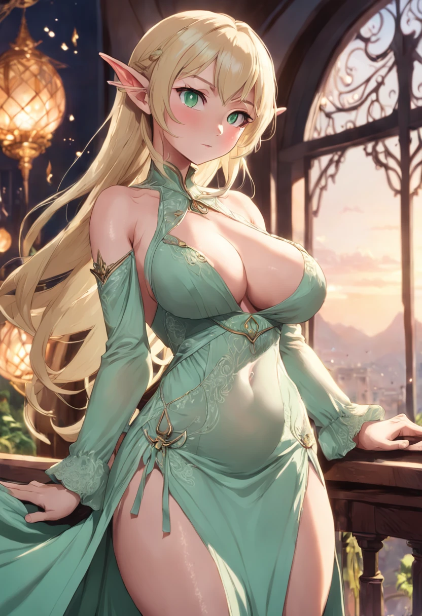 age30 mature milf elf woman blonde tall SFW busty voluptuous SFW huge breasts curvy intricate detailed long dress mint green eyes