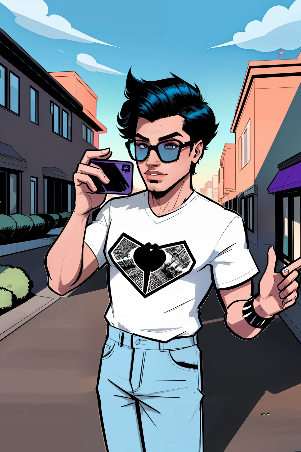 perspective,transgender man looking at phone, wearing a shirt, outside, daytime, comic book style, flat shaded, prominent comic book outline linework