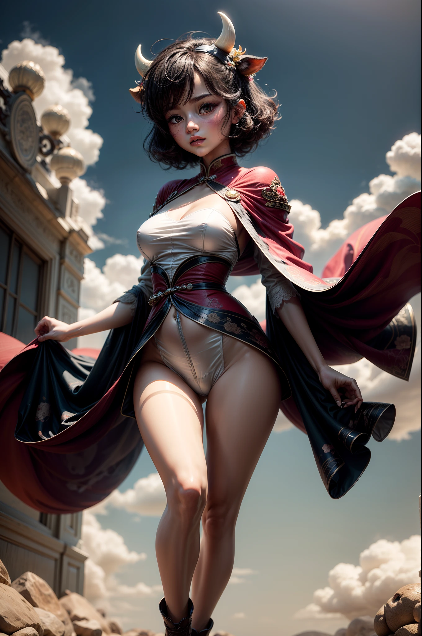 Cow,, Masterpiece, 3D Display, Best Quality, Lots of Detail, Short hair black hair,Super cute  girl, full body, wearing gorgeous Hanfu, little vixen,Big hips, anthropomorphic, bubble mart style, wearing an elegant cape, clouds floating gently, super realistic, super detailed, luxury movie lights, octave light,