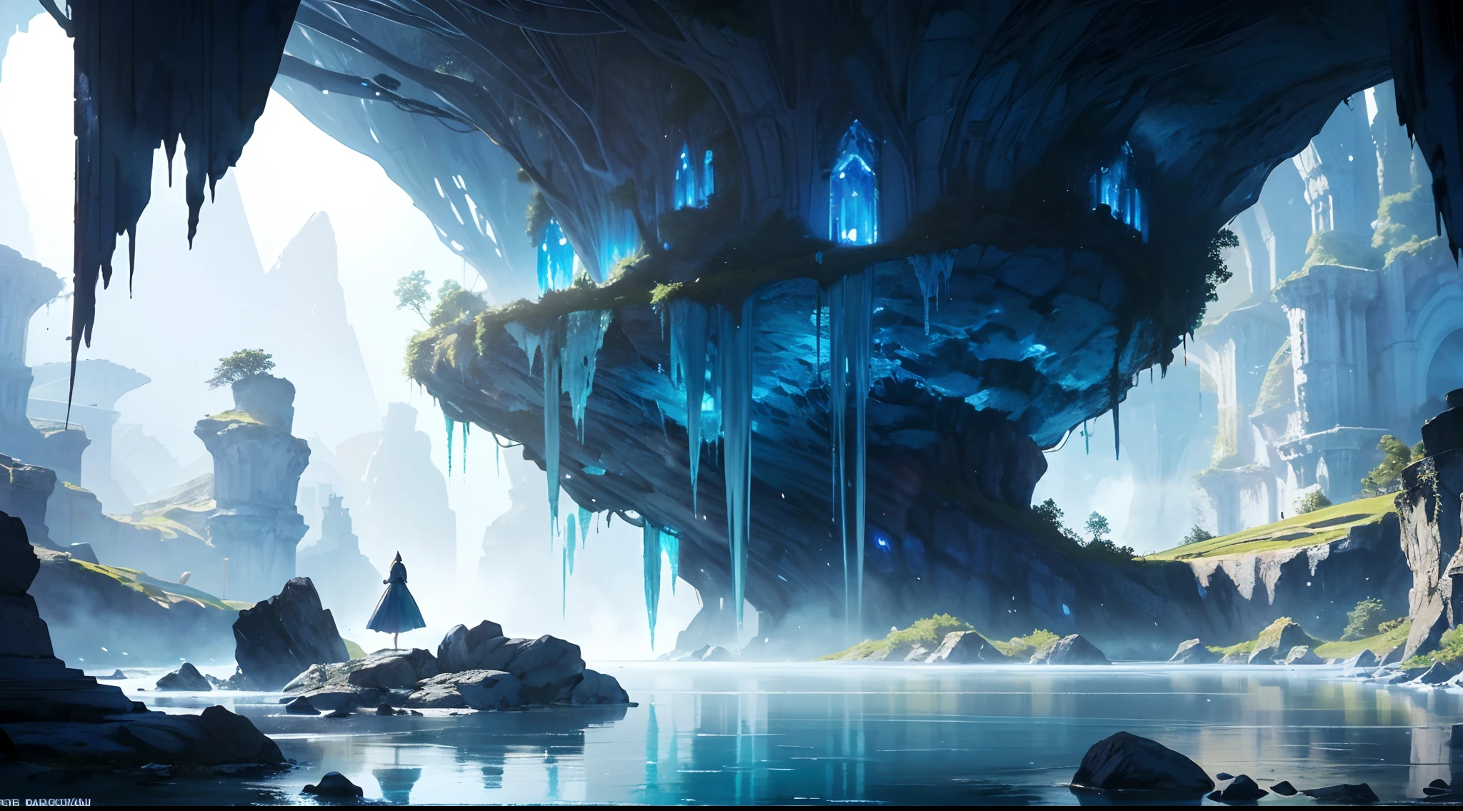 "(by Greg Rutkowski: 1.2), (masterpiece), (best quality), extremely delicate and beautiful, illustration, (fantasy landscape), A mesmerizing fantasy landscape with enchanting elements blending seamlessly. (Majestic crystal cave mine), adorned with vibrant blue hue glow reflecting off the surroundings. A sense of tranquility and wonder fills the air, inviting exploration and discovery, depth of field, HDR, intricate, delicate"