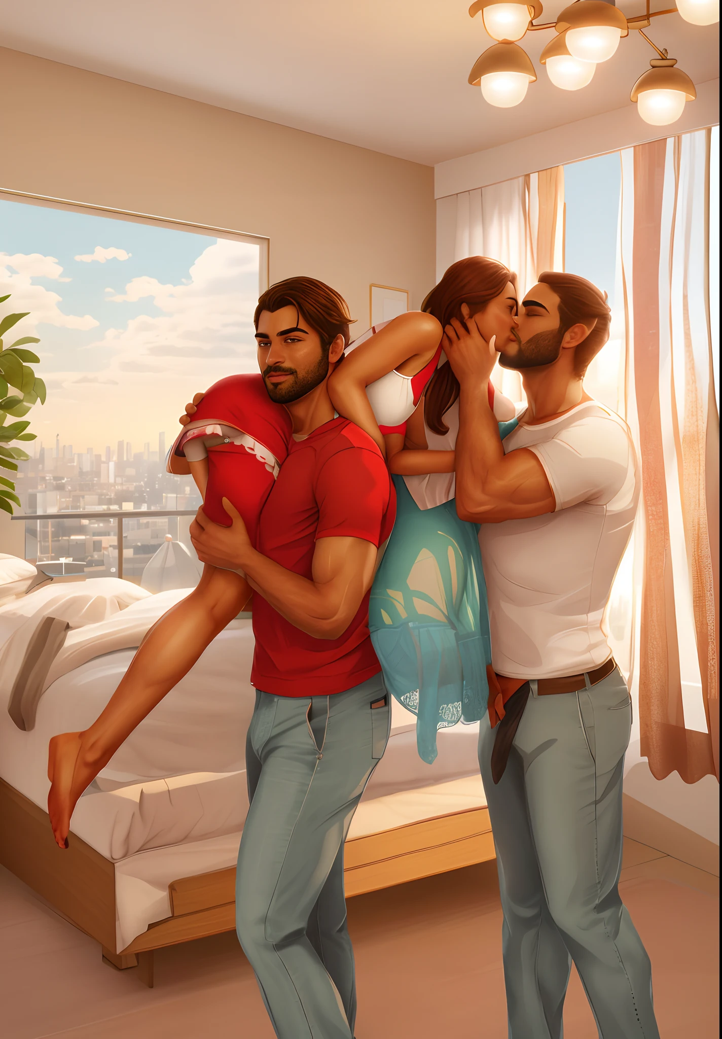 2 Men and woman in bedroom with bed, Kiss of a man and a woman, carries a woman on her shoulder, red sundress, T-shirt and pants, modern bedroom, big bed, potted, Large window with curtains and views of the city, higly detailed, Beautiful bodies, clear image, higly detailed
