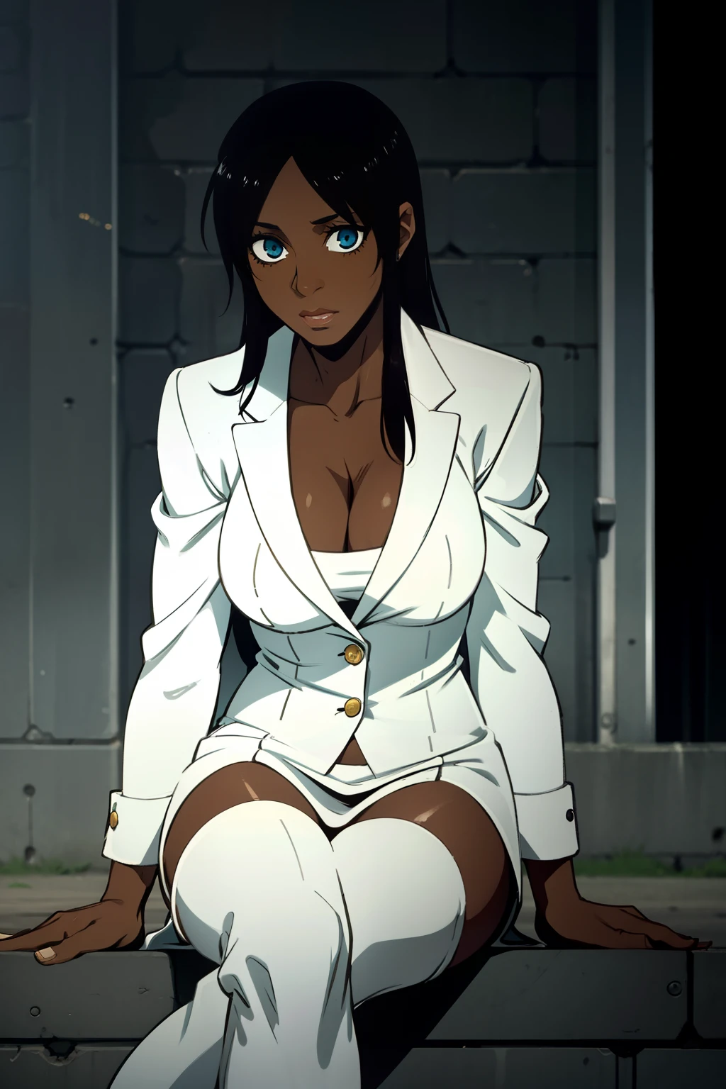 a dark skin woman sitting on road wearing white suit
