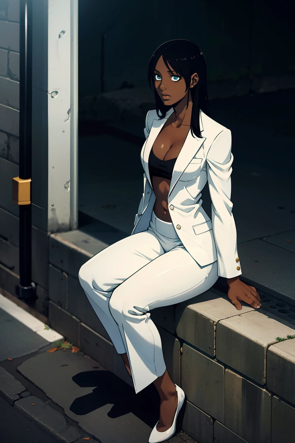 a dark skin woman sitting on road wearing white suit