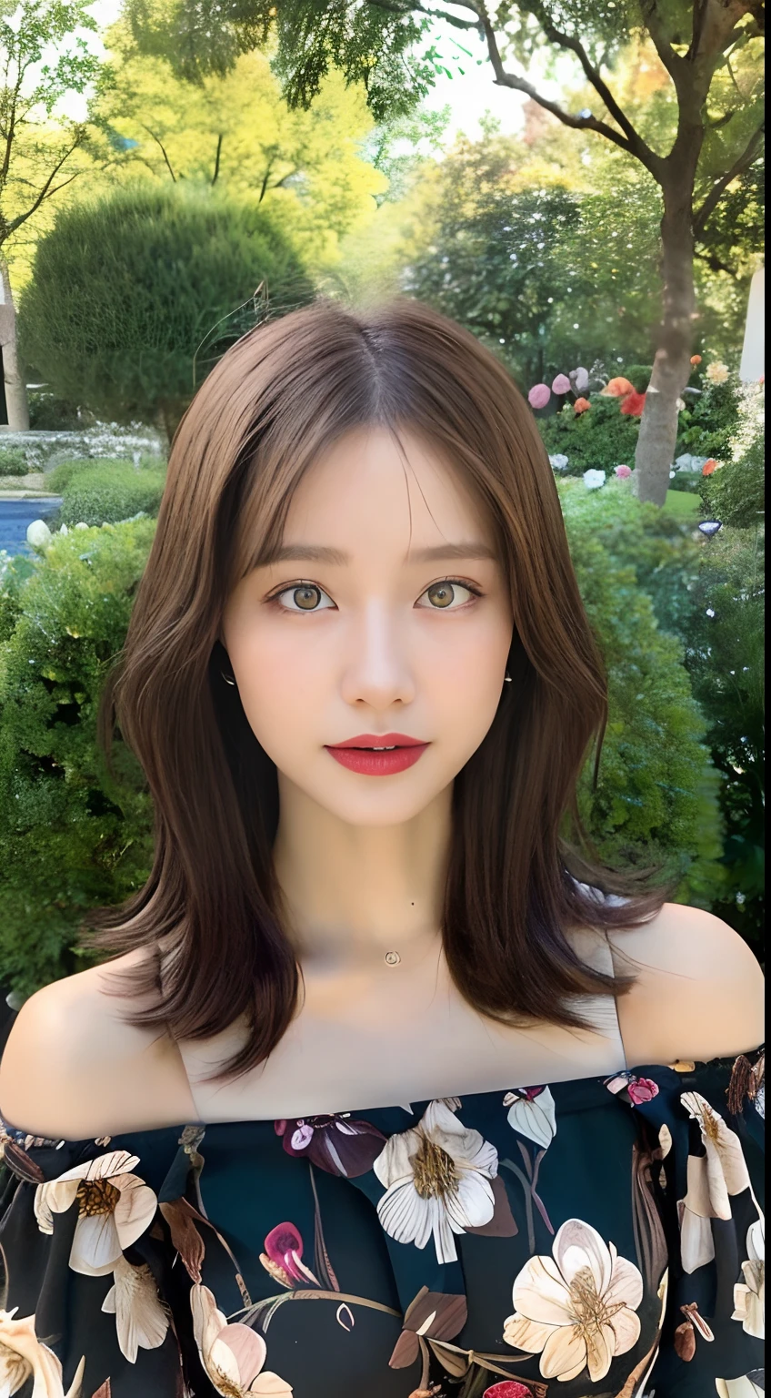 ((Best quality, 8k, Masterpiece :1.3)), Sharp focus :1.2, A pretty African woman with perfect figure :1.4, Slender abs :1.2, ((Dark brown hair, Big breasts :1.2)),at flower garden :1.2, Highly detailed face and skin texture, Detailed eyes, Double eyelid, off shoulder dress
