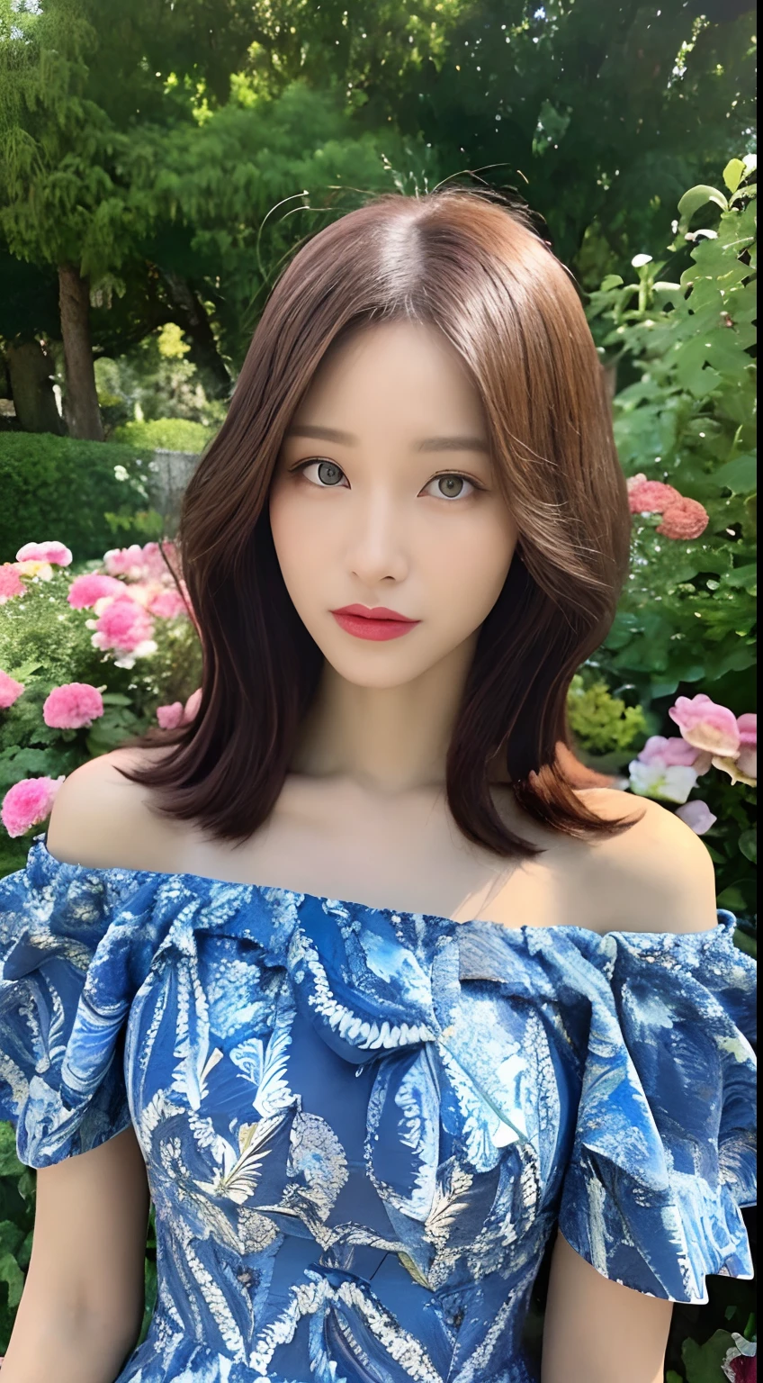 ((Best quality, 8k, Masterpiece :1.3)), Sharp focus :1.2, A pretty African woman with perfect figure :1.4, Slender abs :1.2, ((Dark brown hair, Big breasts :1.2)),at flower garden :1.2, Highly detailed face and skin texture, Detailed eyes, Double eyelid, off shoulder dress