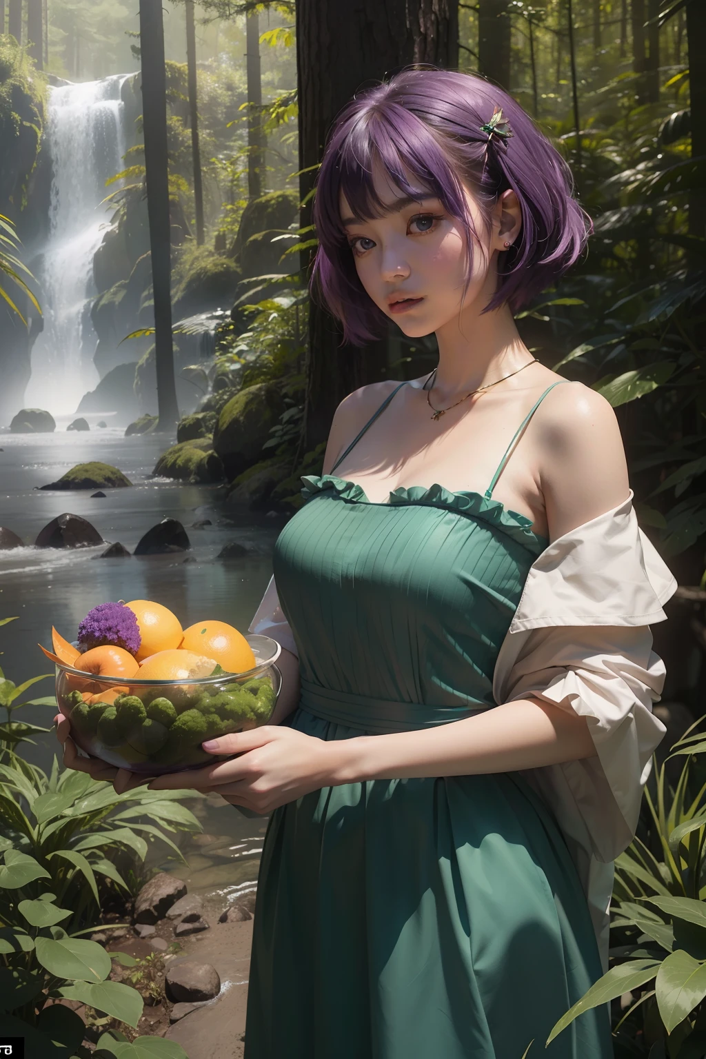 Beautiful woman lost in the forest、concept-art、Will-o'the-wisp overhead angle、Fanny Somalia Emerald Deep Orange Pinnafore Wear、short-hair、Fluorescent Purple Hair Tie、Equirectangular 360、Hi-Res、[(Art by Willibaumeister:1.1)、(John T.Art by Biggers:1.2)::17]、Official Art、Unity 8k壁纸、ultra-detailliert、aesthetic、​masterpiece、top-quality、Photorealsitic