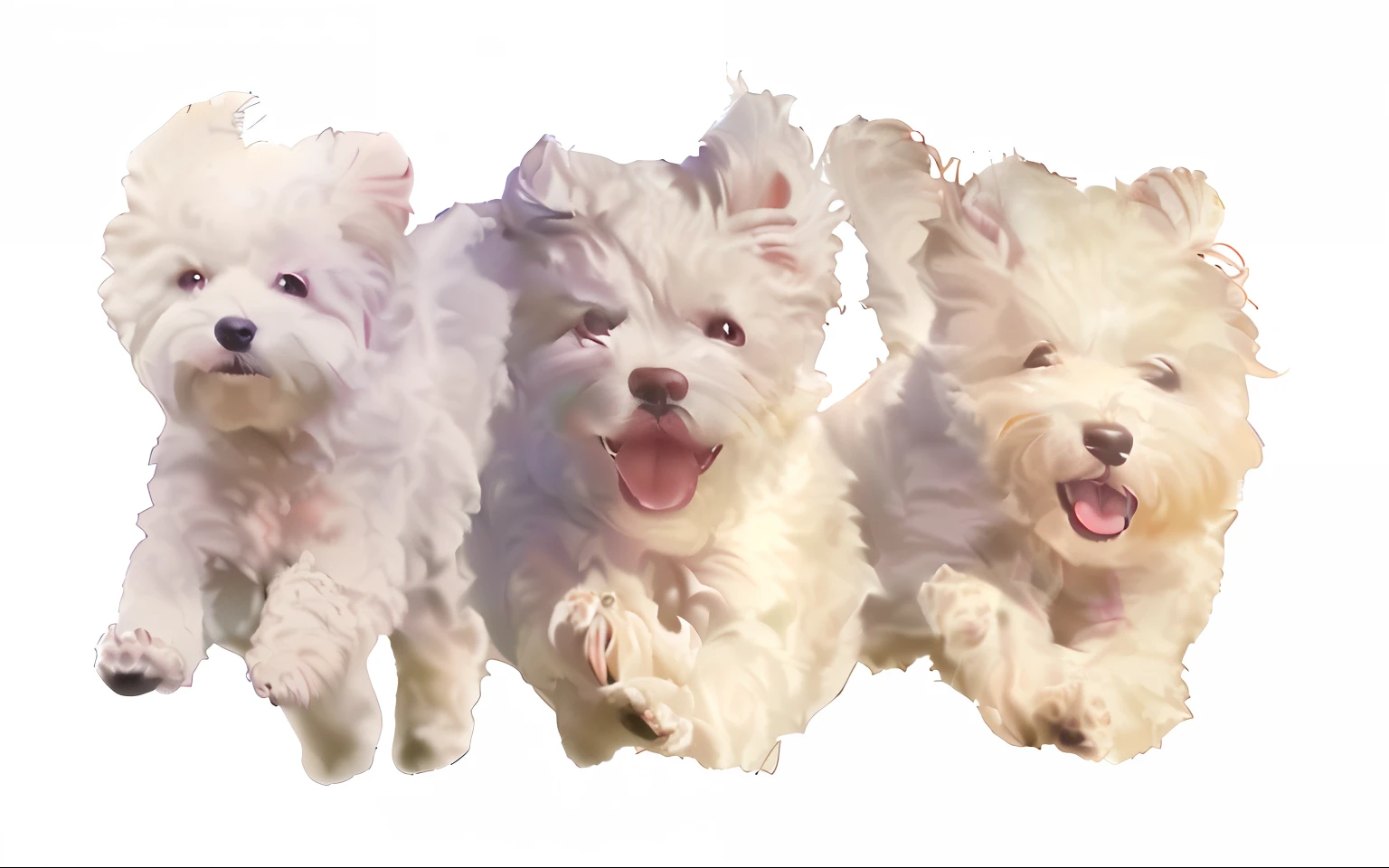 Three white dogs run continuously with their mouths open, Dogs, jumping for joy, digital painted, jumping towards viewer, happy dog, Puppies, joyous, Correr libremente, horizontally leaping!!!, highly detailed photo of happy, Dynamic!!, everyone having fun, pure joy, Happy faces, energetic beings patrolling, plaques, ssmile, havanese dog, Leaping