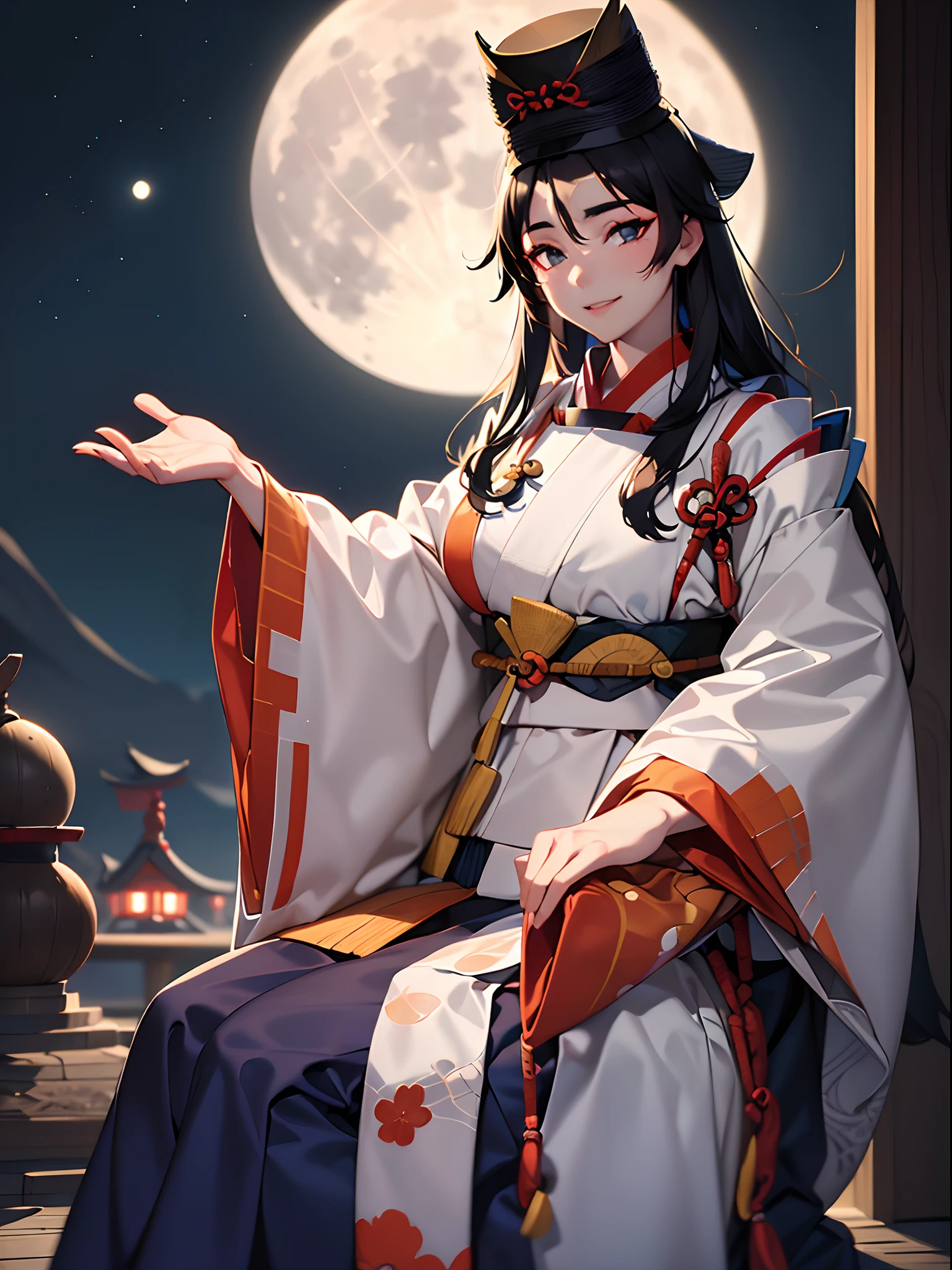 1girl in,((onmyouji)),((((tate eboshi)))),hakama,(((Big Full Moon))),((moonlights)),(((portraitures))),nice hands, perfect hands,(((glow))),smile