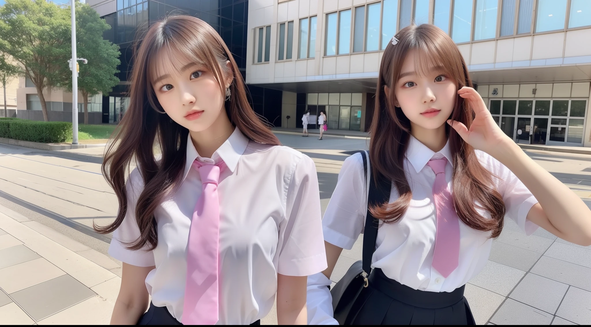 High school girl 18 years old in miniskirt, pink tie and white shirt