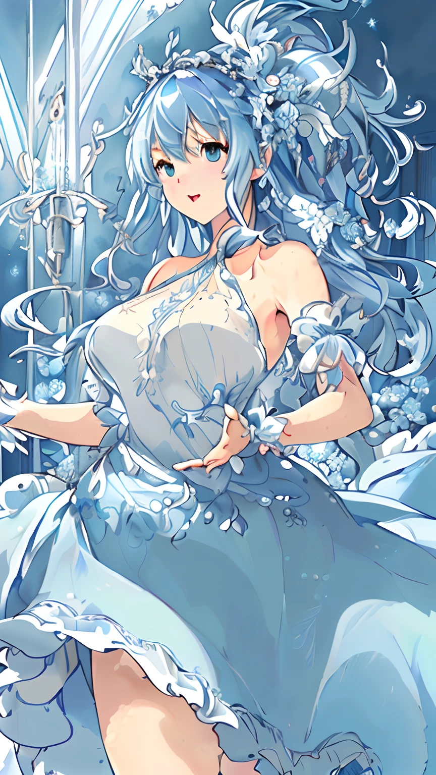 (((masterpiece)))、(((top-quality)))、((ultra-detailliert))、(illustratio)、((extremely delicate and beautiful))、dynamic ungle、floating、(beatiful detailed eyes)、(Detailed light) (1girl in)、独奏、fluffy hair、、blue hairs、blue eyess、Side tail、halter dress、Concert Venues、singers、 Happy face、 Singing with a microphone