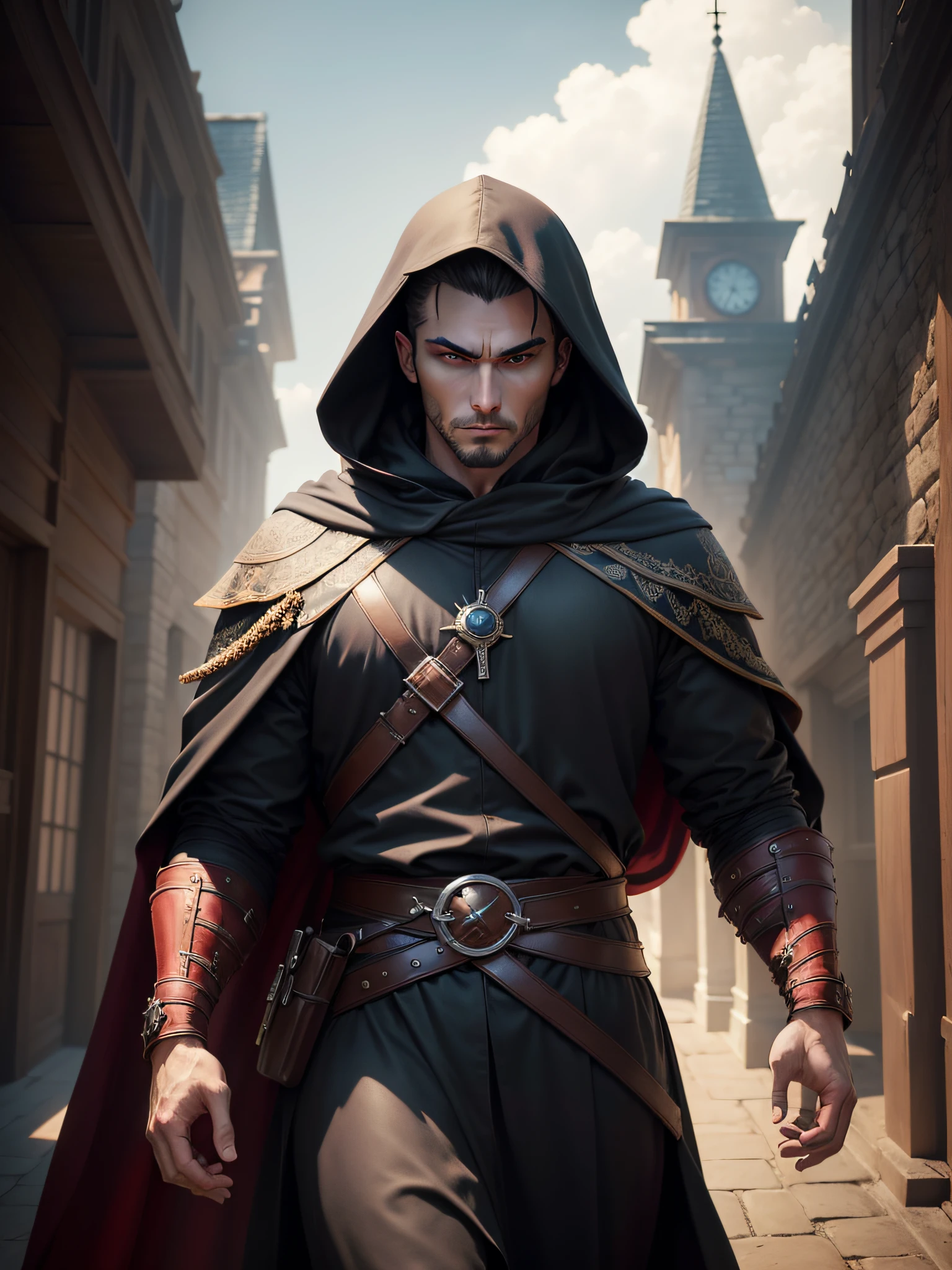 (((masterpiece, Best Quality, Ultra-detailed))), (proficient male assassin, walk, looking down forward, solo, unapproachable vibe, expressionless, serious, Perfect fingers, Perfect hands), 35 years old, (medieval assassin costume, hooded assassin's cloak), Medieval secret town in the background, night, cloudy, silhouette,  Dynamic Angle, extremely short hair, male villains face, male eyebrows, sharp eyes, sharp nose, forehead, red pupils glowing,