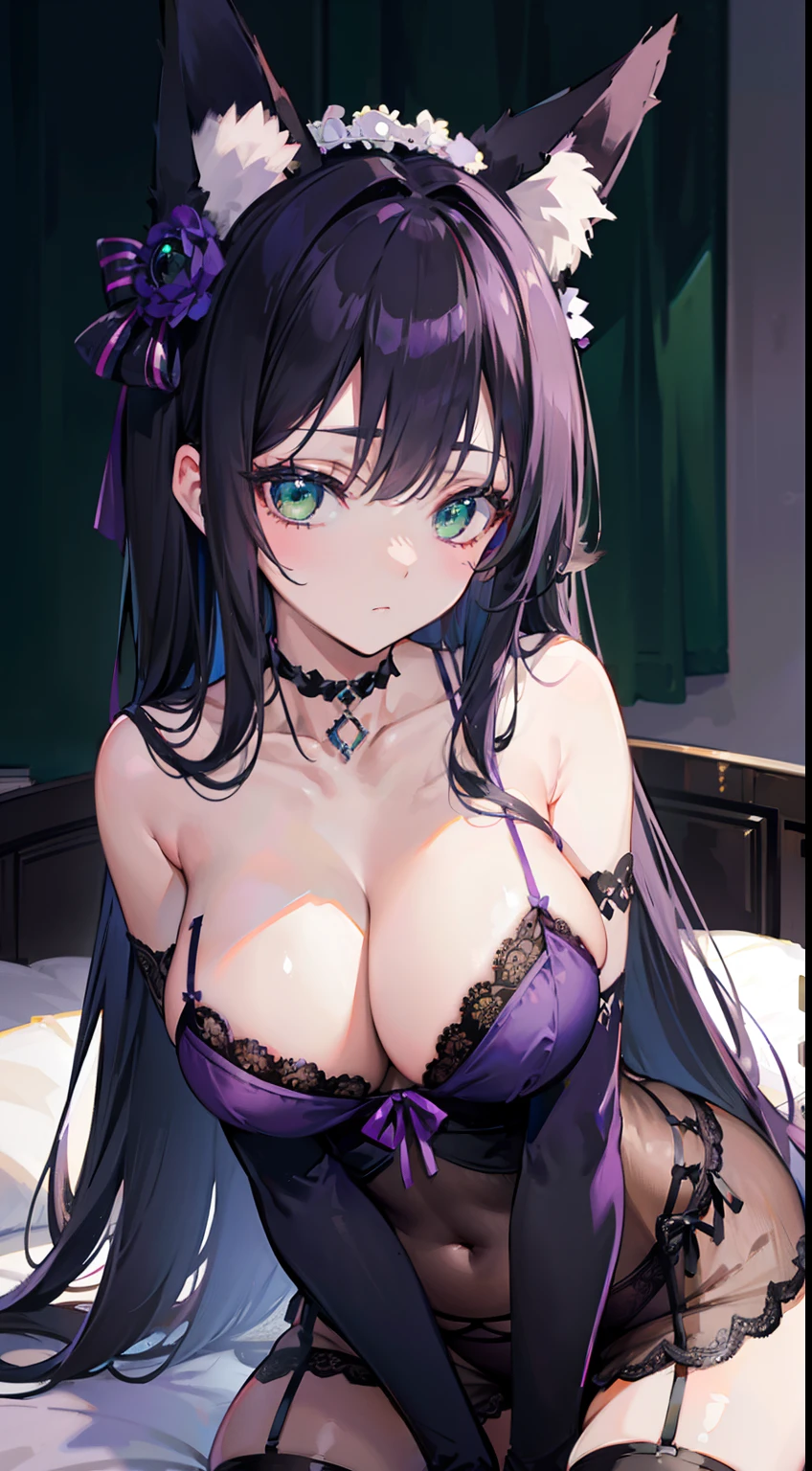 High quality, masterpiece, ultra-detailed, black stockings, purple lingerie, purple panties, choker, headress, 1girl, solo, peaceful expression, long black hair, enchanting green eyes, fox ears, giant breasts, bedroom