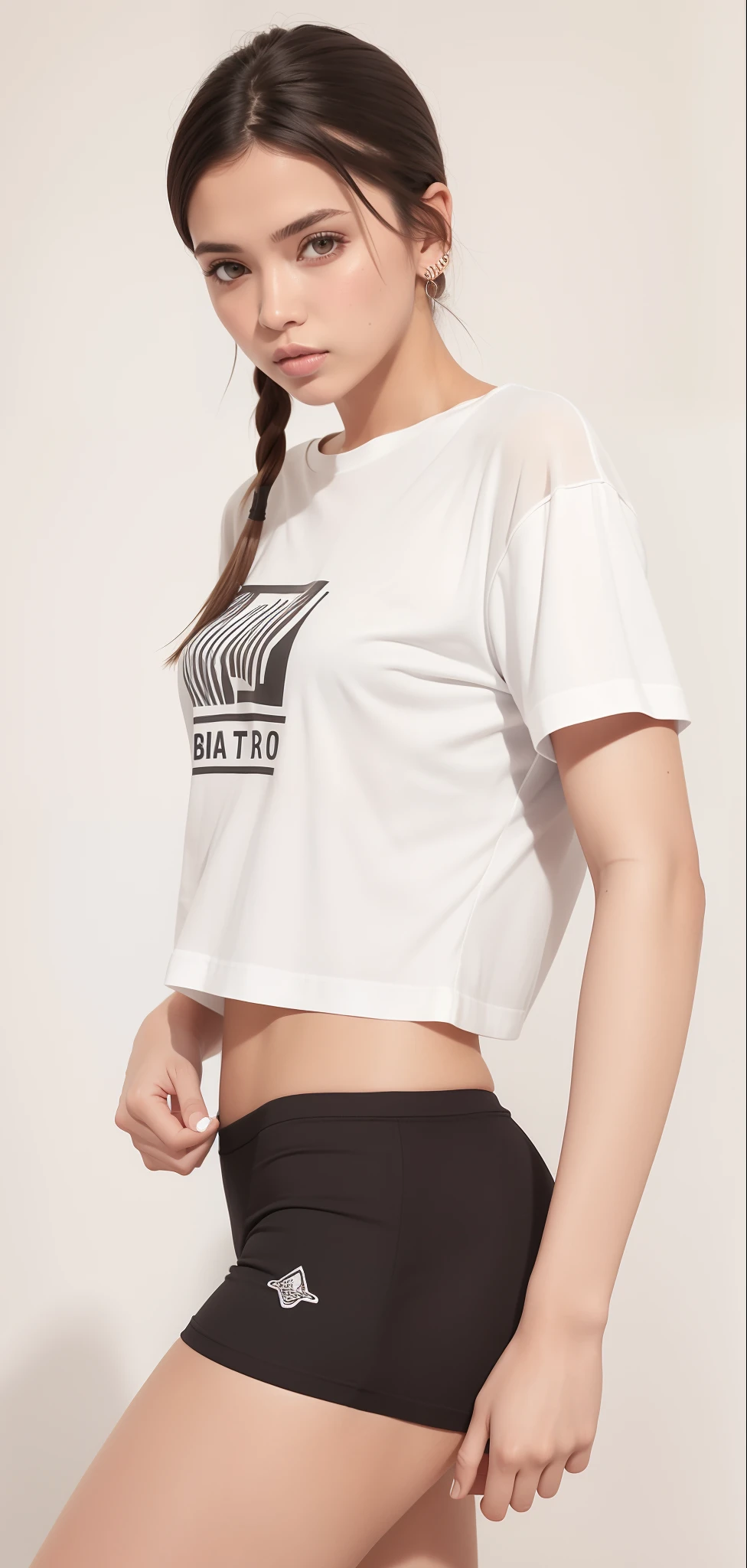 um close up de uma mulher linda de camisa branca e bermuda preta, com corte rasgado t - camisa, camiseta branca, usando um top cropped sexy, usando topo de corte, usando um top cropped, usando um top cropped, Topo de colheita, topo de corte, casual white garment, roupas esportivas fofas, roupas brancas da moda, usando um topo de corte, tampo branco, tshirt branca lisa
