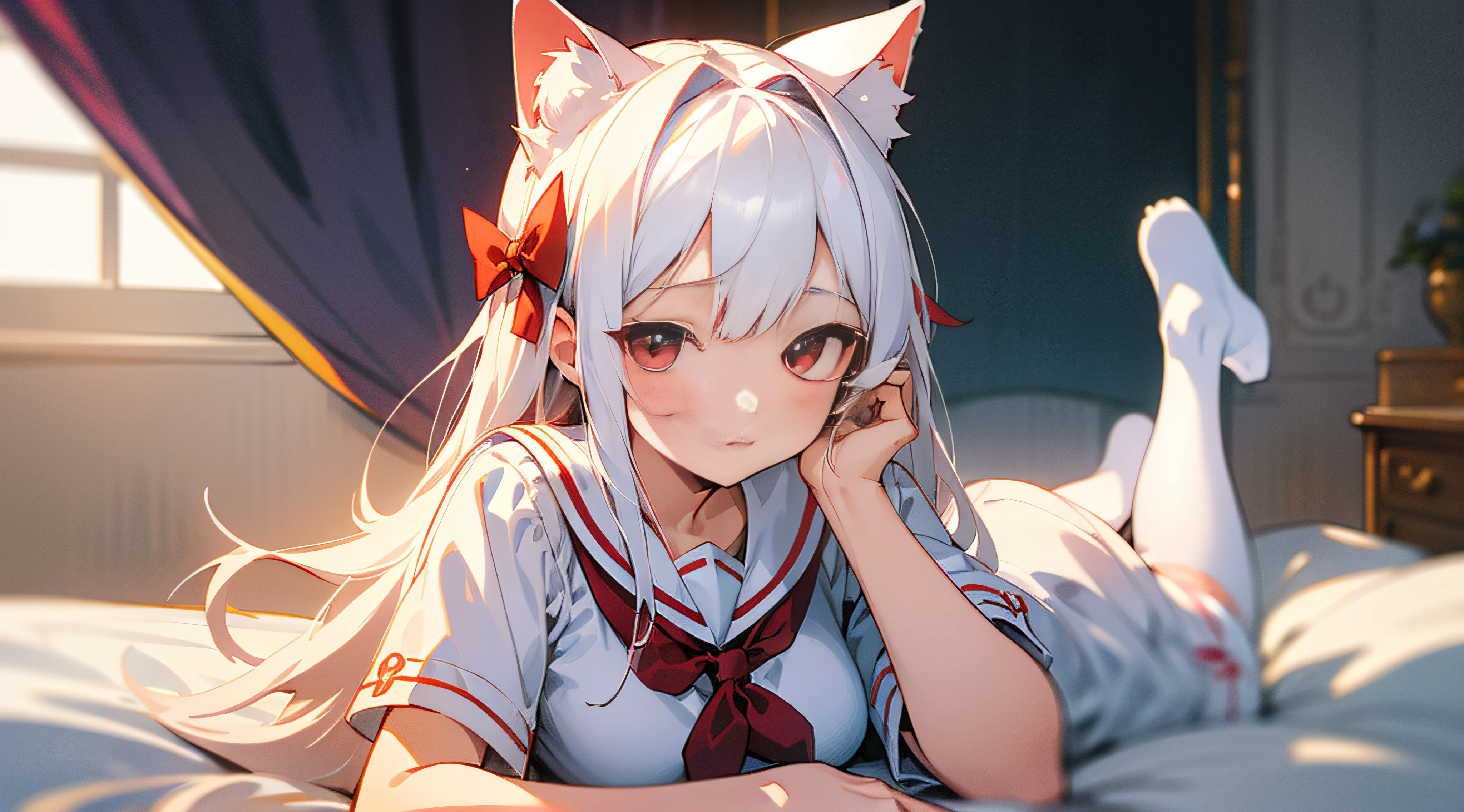 one-girl，White hair，long whitr hair，cat ear，Cat tail，Lie down，expressiveless，Be red in the face，Beth，White cardigan dress，pleatedskirt，Gradient red eyes，On the sofa，Close-up