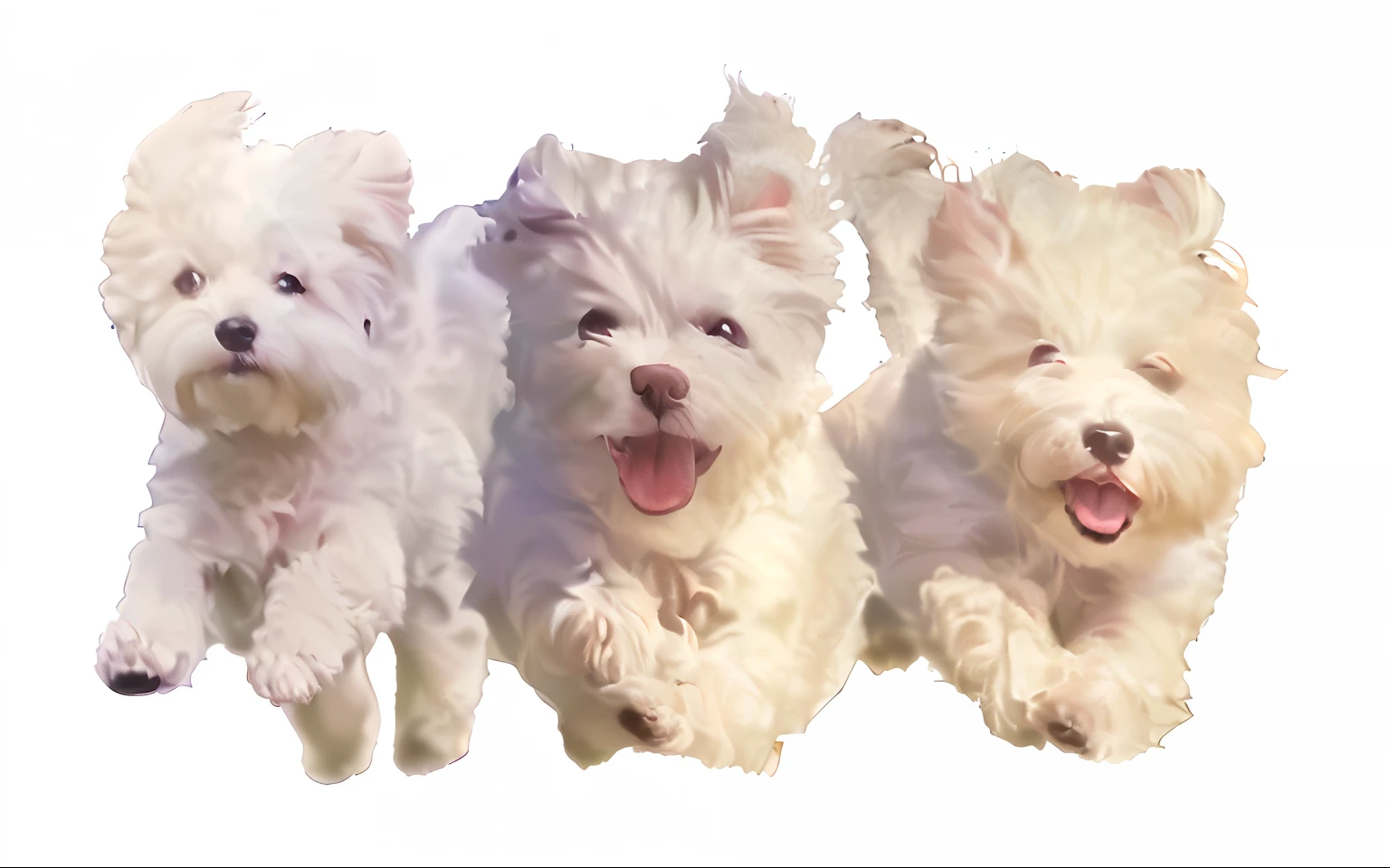 Three white dogs kept running with their mouths open, Dogs, jumping for joy, digital painted, jumping towards viewer, happy dog, Puppies, joyous, Correr libremente, horizontally leaping!!!, highly detailed photo of happy, Dynamic!!, everyone having fun, pure joy, Happy faces, energetic beings patrolling, plaques, ssmile, havanese dog, Leaping