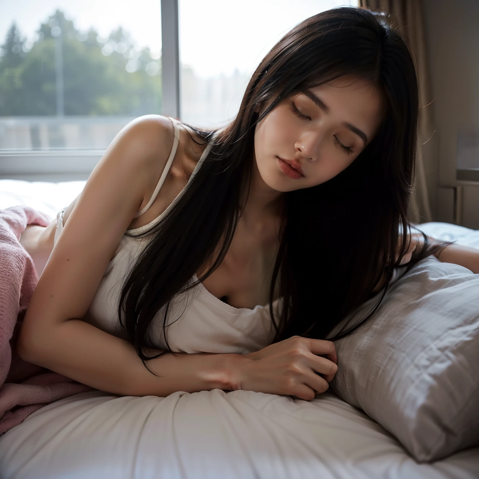 hightquality, masutepiece, 1girll,best qualtiy,Bedroom at night, window, Night outside the window, closed her eyes,The time is 24 hours, Are sleeping,Don't look at the lens,lie on one's side,face perfect,there is a woman that is laying down in a bed,Large pillow, A dark-haired, ,beautiful a girl, Soft interior lighting, Black hair girl with long hair, Luxurious pajamas,