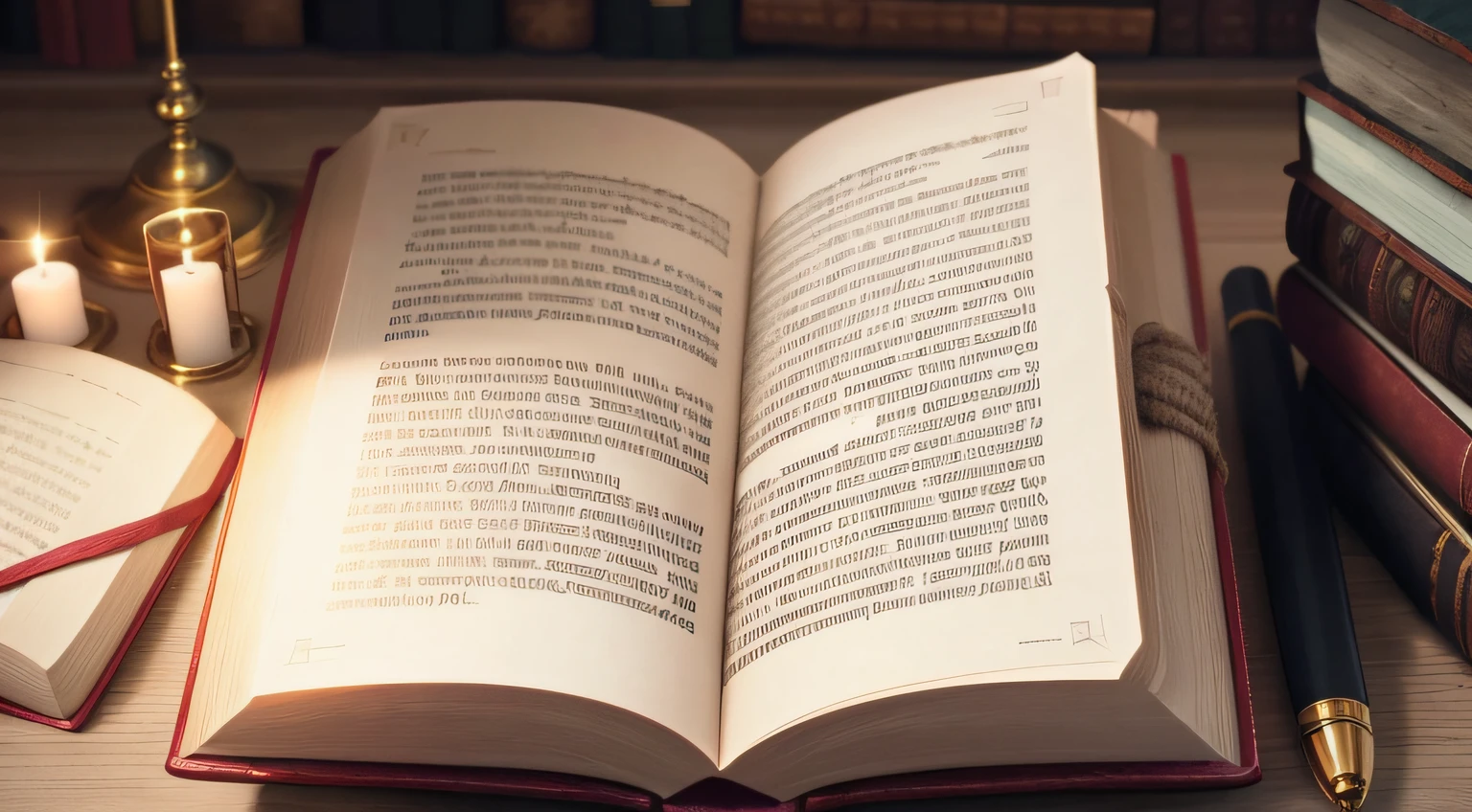 There is an open book on a table with a candle and a pen, open book page, um livro aberto, grande livro aberto, grande livro aberto, open magic book glowing, livros abertos, bem editado, flowing book pages, livro antigo, foto altamente detalhada, textbook pages, Ler um livro, com um livro vintage em uma mesa, printed page, foto mid shot