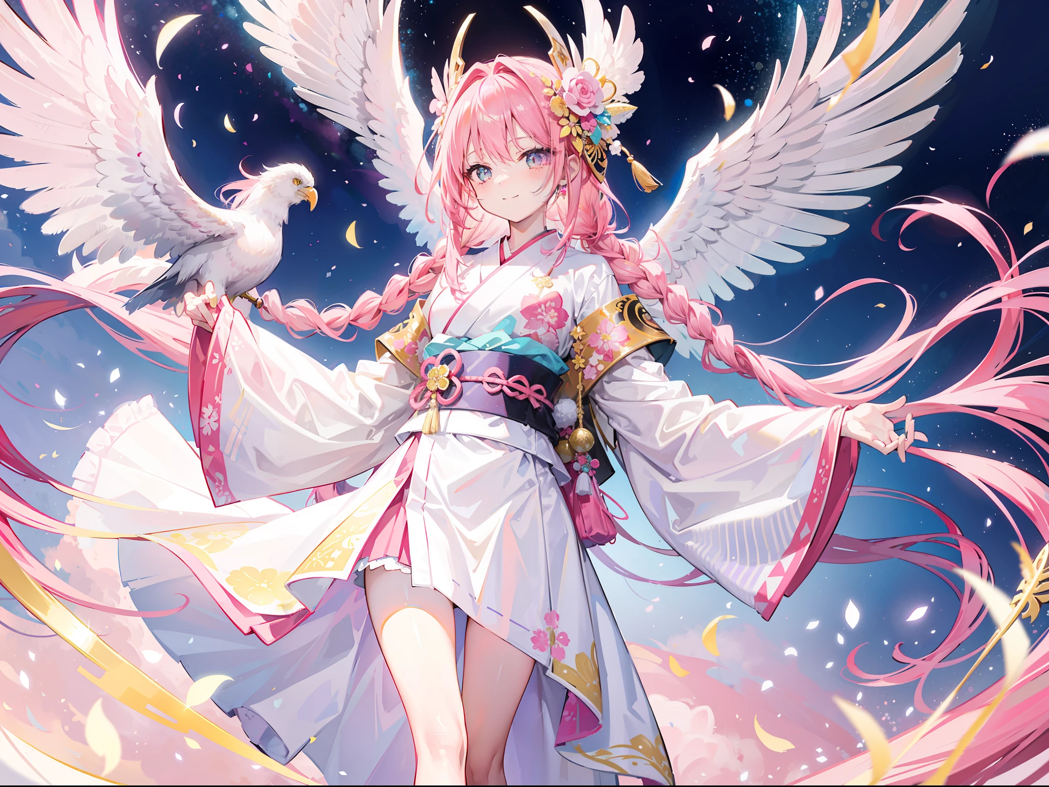 A beautiful pink-haired girl，dishiveredhair，Extremely long hair，Tie-double twisted braids，The hair color is white and pink，He wears a golden hairpin，Wear three small flowers on each side，Wearing a white and pink and gold kimono，The kimono is printed with a white eagle motif，Behind him is a cyan and gold cloak，The lower body is wearing white stockings，without wearing shoes，With a bright and healing smile，Stand in a radiant wonderland，Light pink pupils，Play with an extremely large white eagle，full bodyesbian